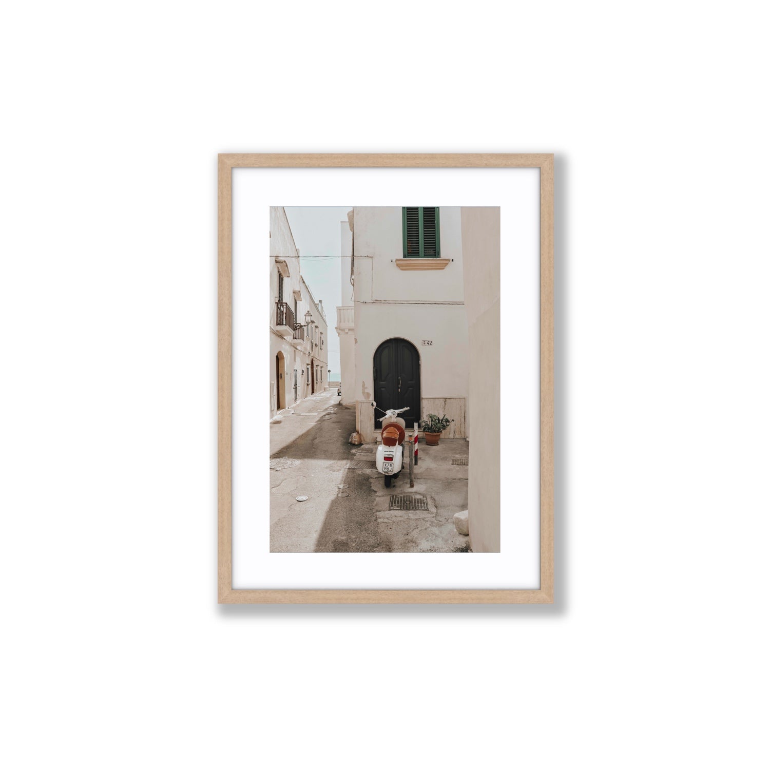 La Casa 42 Puglia Gallipoli Italian wall art Medium fine art print in natural oak frame with matboard