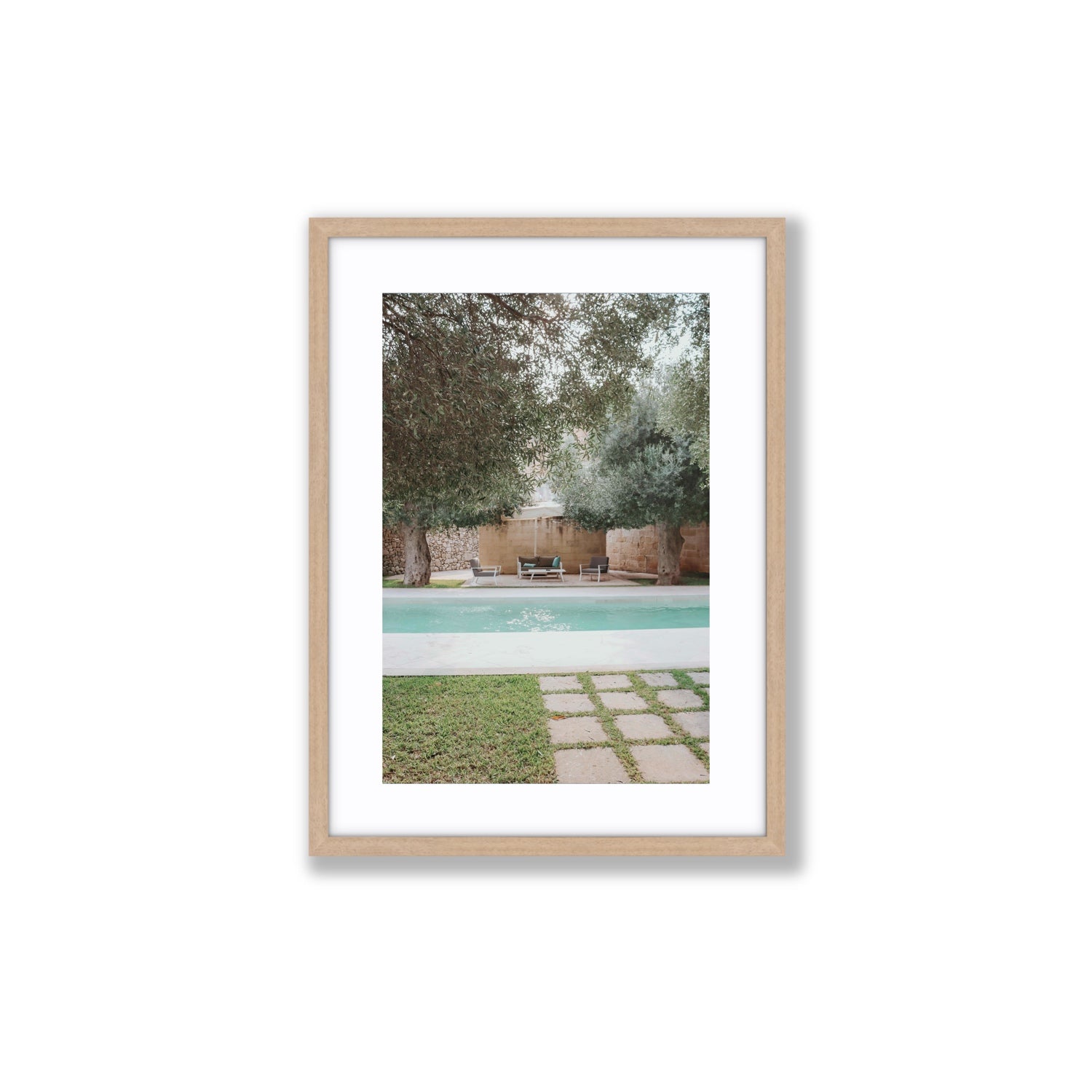 Idyllic Escape Puglia Mediterranean wall art Medium fine art print in natural oak frame with matboard