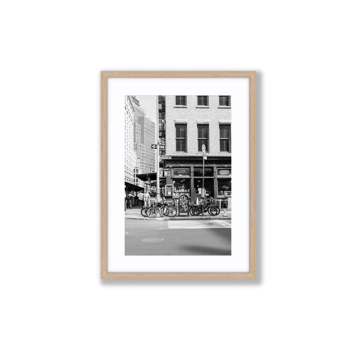 Bites Of The Big Apple New York NYC Black & White wall art Medium fine art print in natural oak frame with matboard