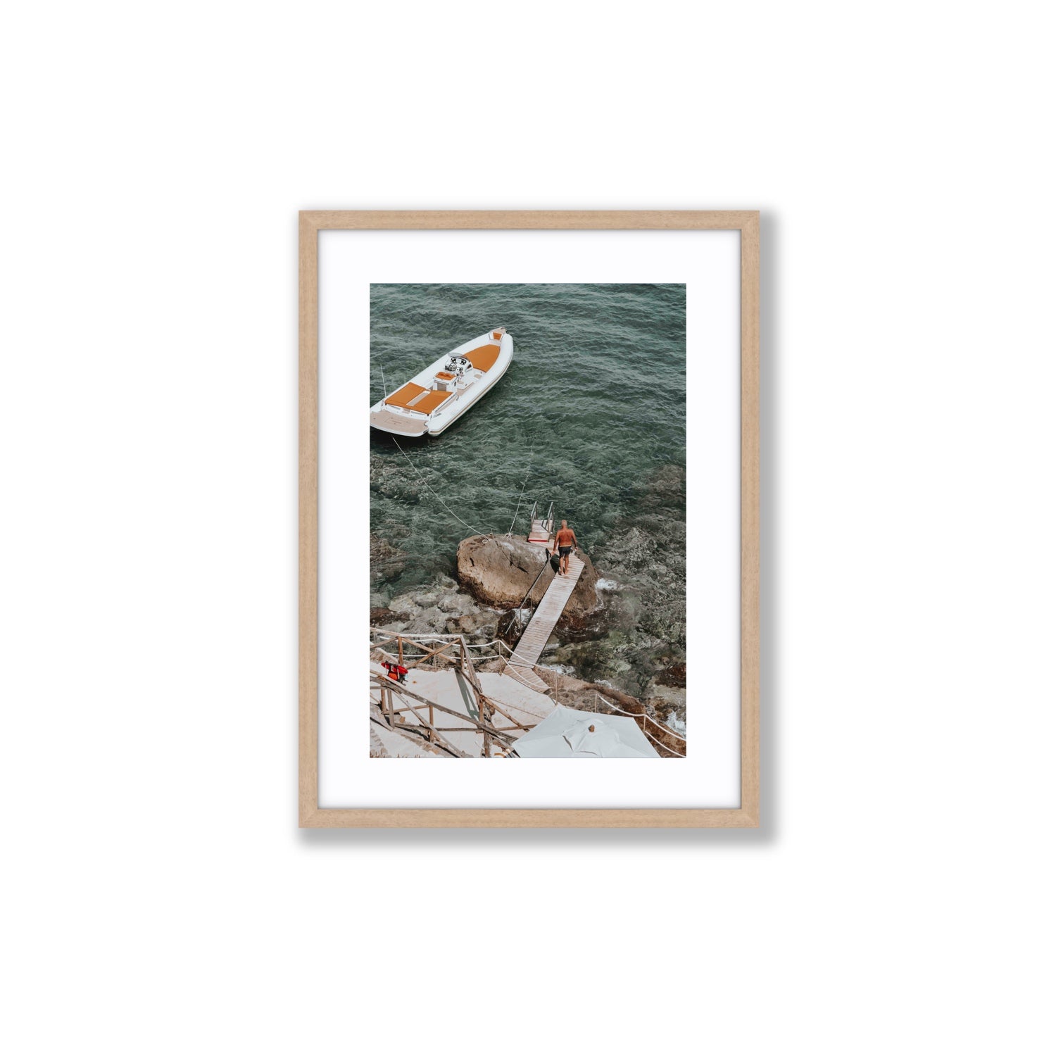 Secret Cove Tuscany coastal Italian wall art Medium fine art print in natural oak frame with matboard
