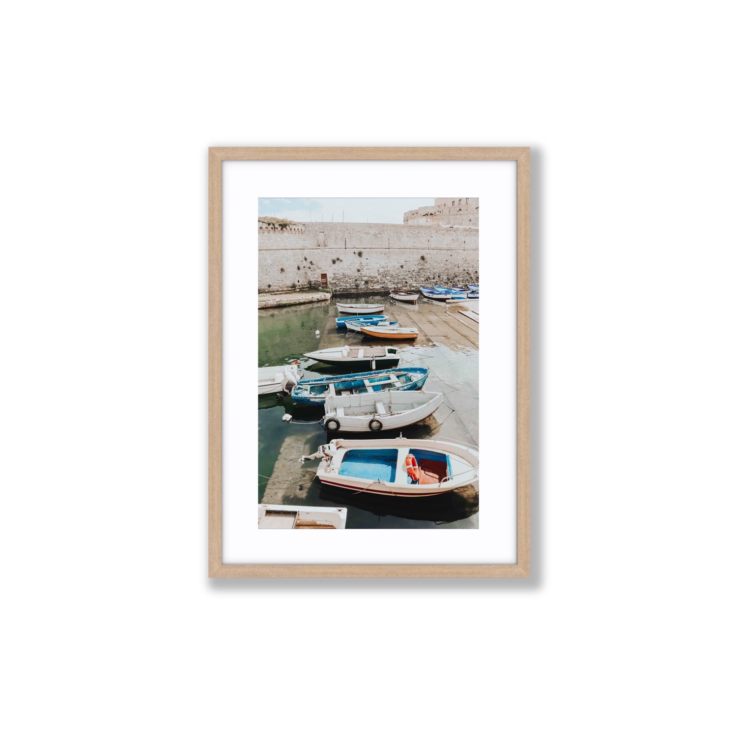 Harbour Palette Puglia coastal photography wall art Medium fine art print in natural oak frame with matboard