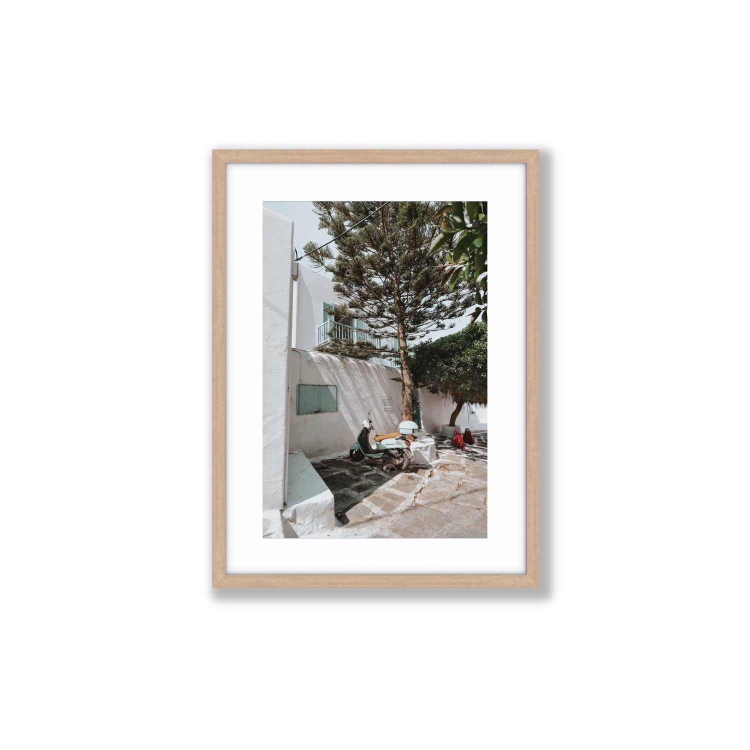 The Getaway Mykonos Mediterranean Greek island art print Medium fine art print in natural oak frame with matboard