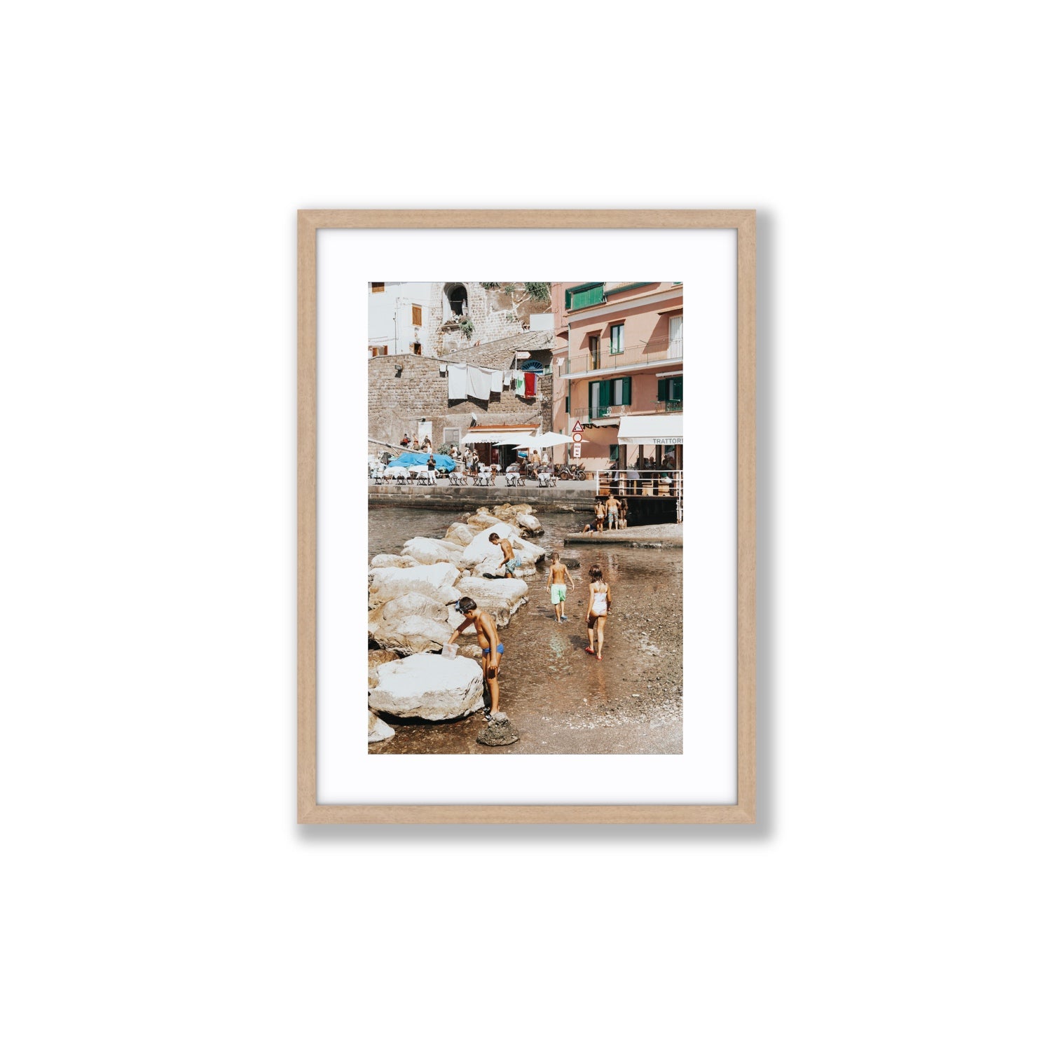 The Beachcombers Sorrento beach coastal wall art Medium fine art print in natural oak frame with matboard