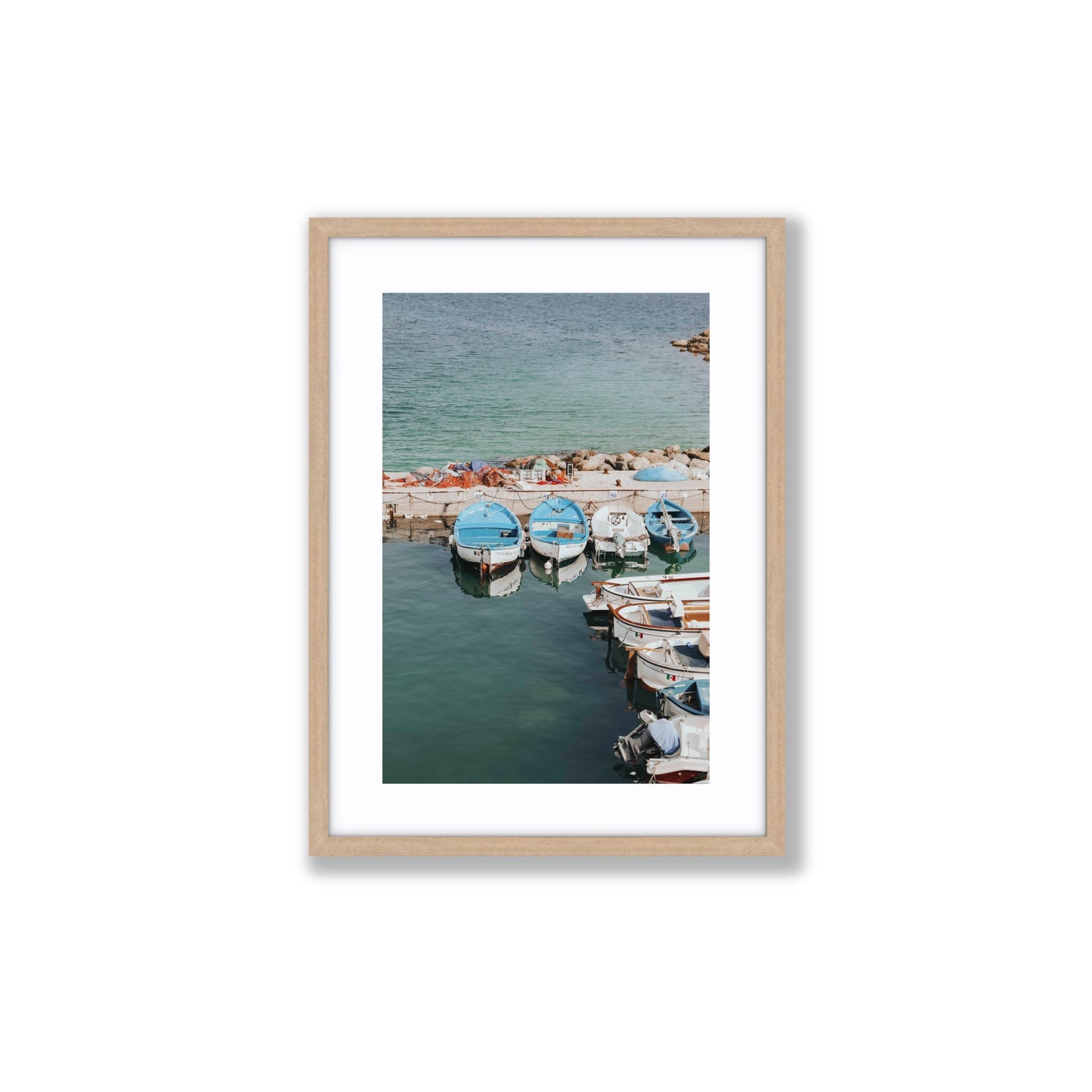Maritime Memories Puglia Harbour Reflections coastal wall art Medium fine art print in natural oak frame with matboard