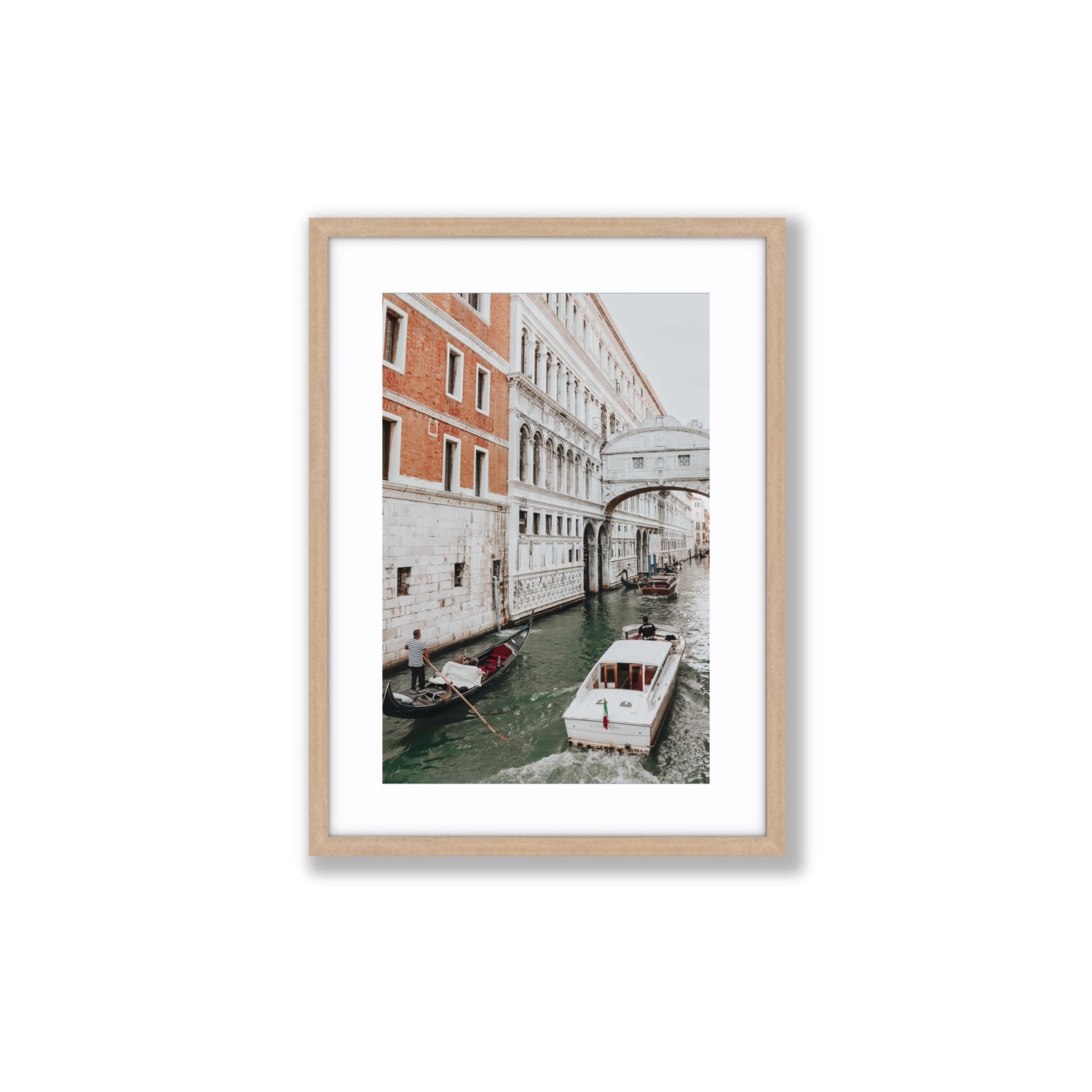 Under the Bridge Venice Gondola Italian wall art Medium fine art print in natural oak frame with matboard