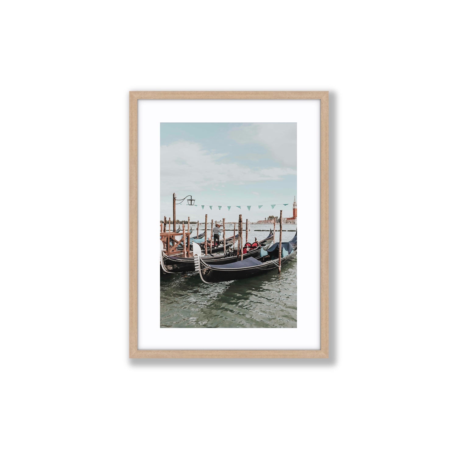 The Gondolier Venice Gondola Italian wall art Medium fine art print in natural oak frame with matboard