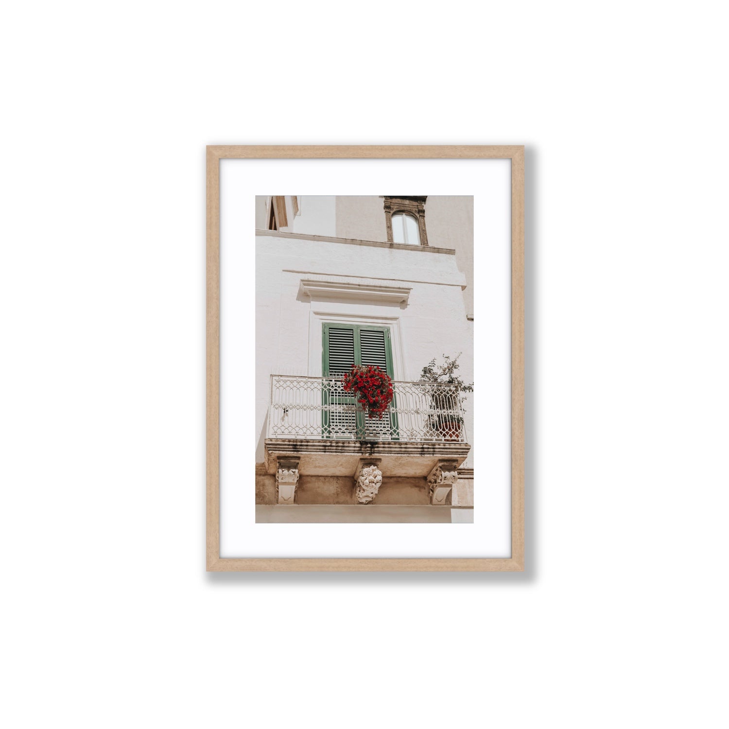Balcone Estivo Puglia Italian wall art Medium fine art print in natural oak frame with matboard