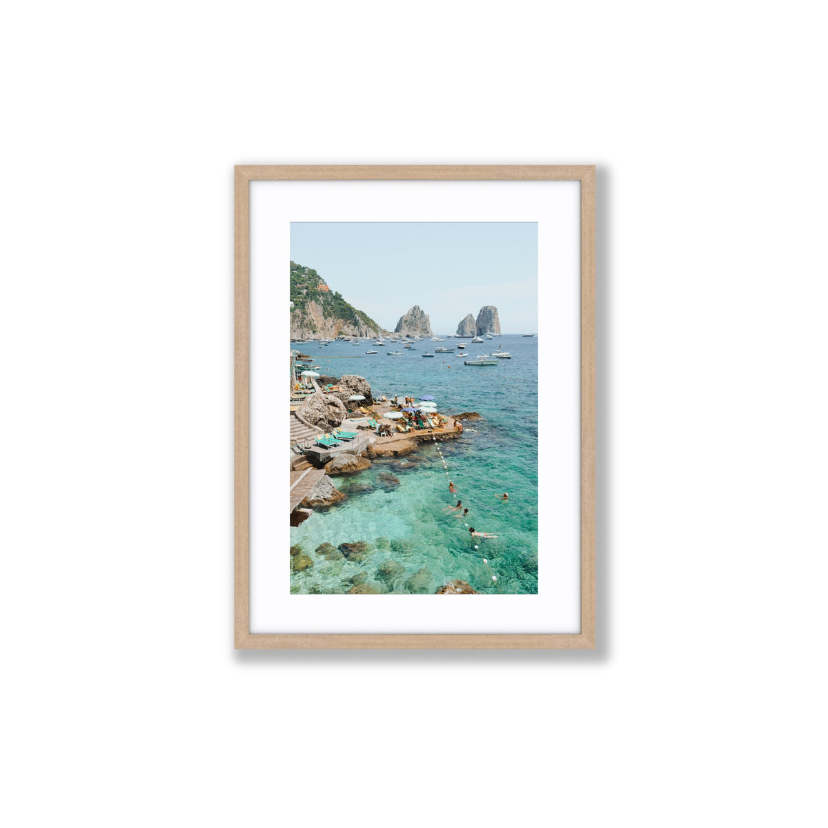 Summertime Blues Capri Mediterranean wall art Medium fine art print in natural oak frame with matboard