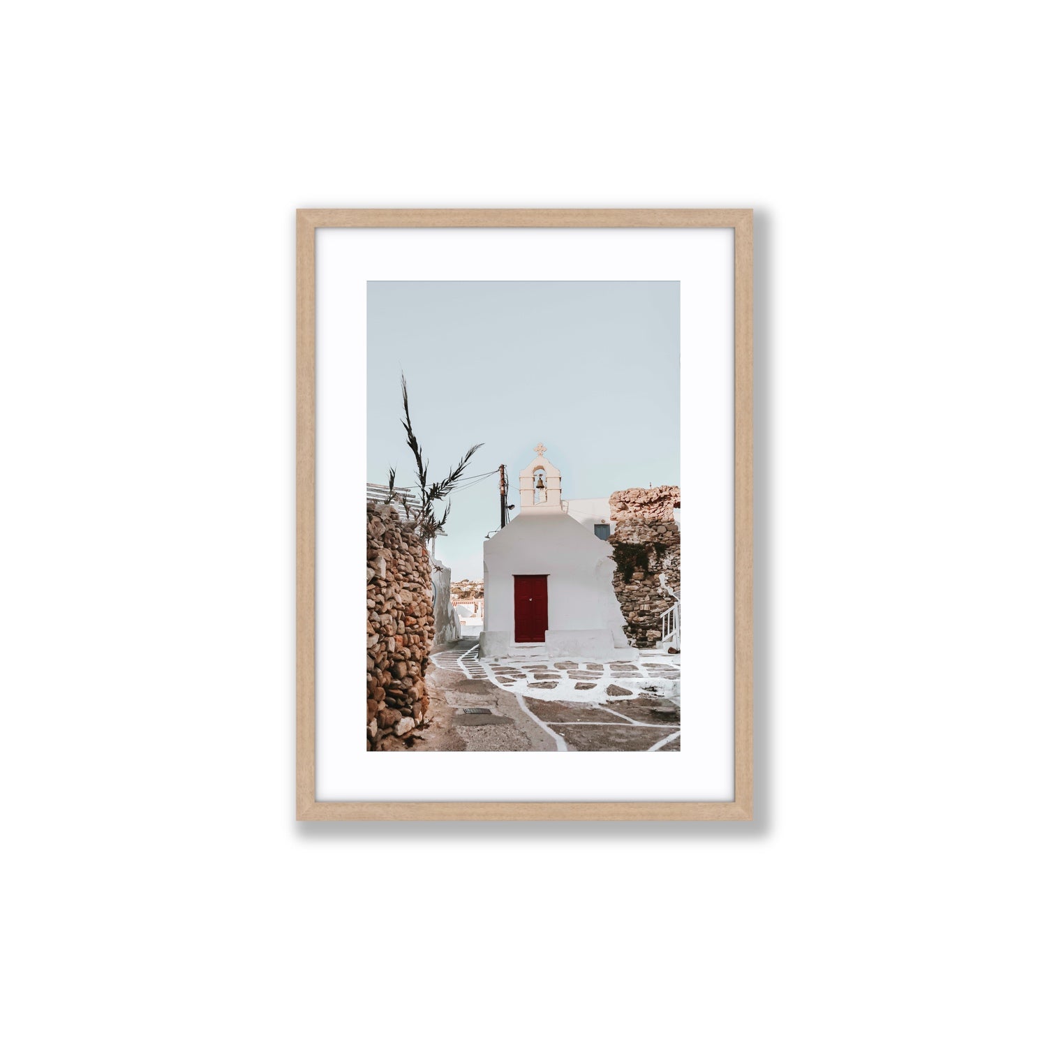 Little Chapel Mykonos Greek island wall art Medium fine art print in natural oak frame with matboard