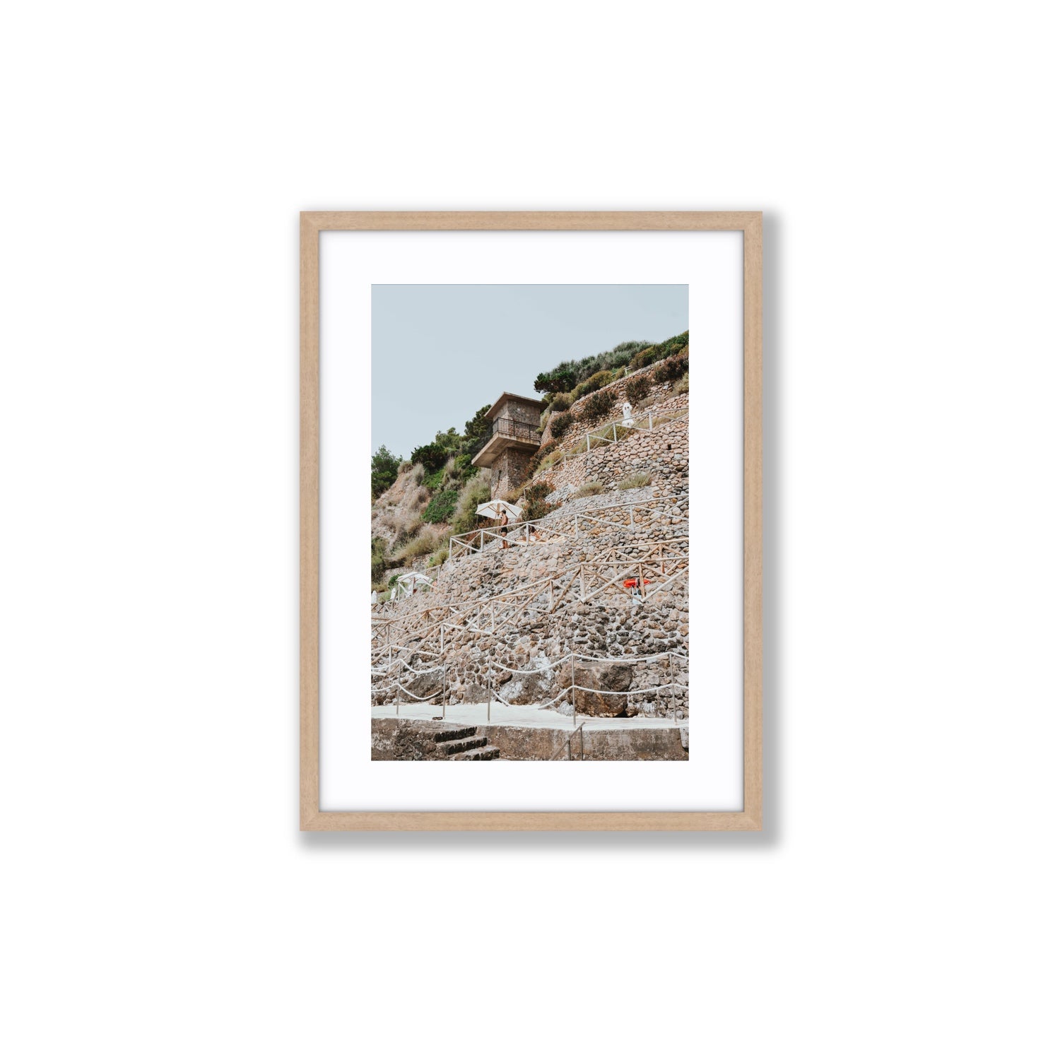 Solitude by the Sea Tuscany coastal Italian wall art Medium fine art print in natural oak frame with matboard