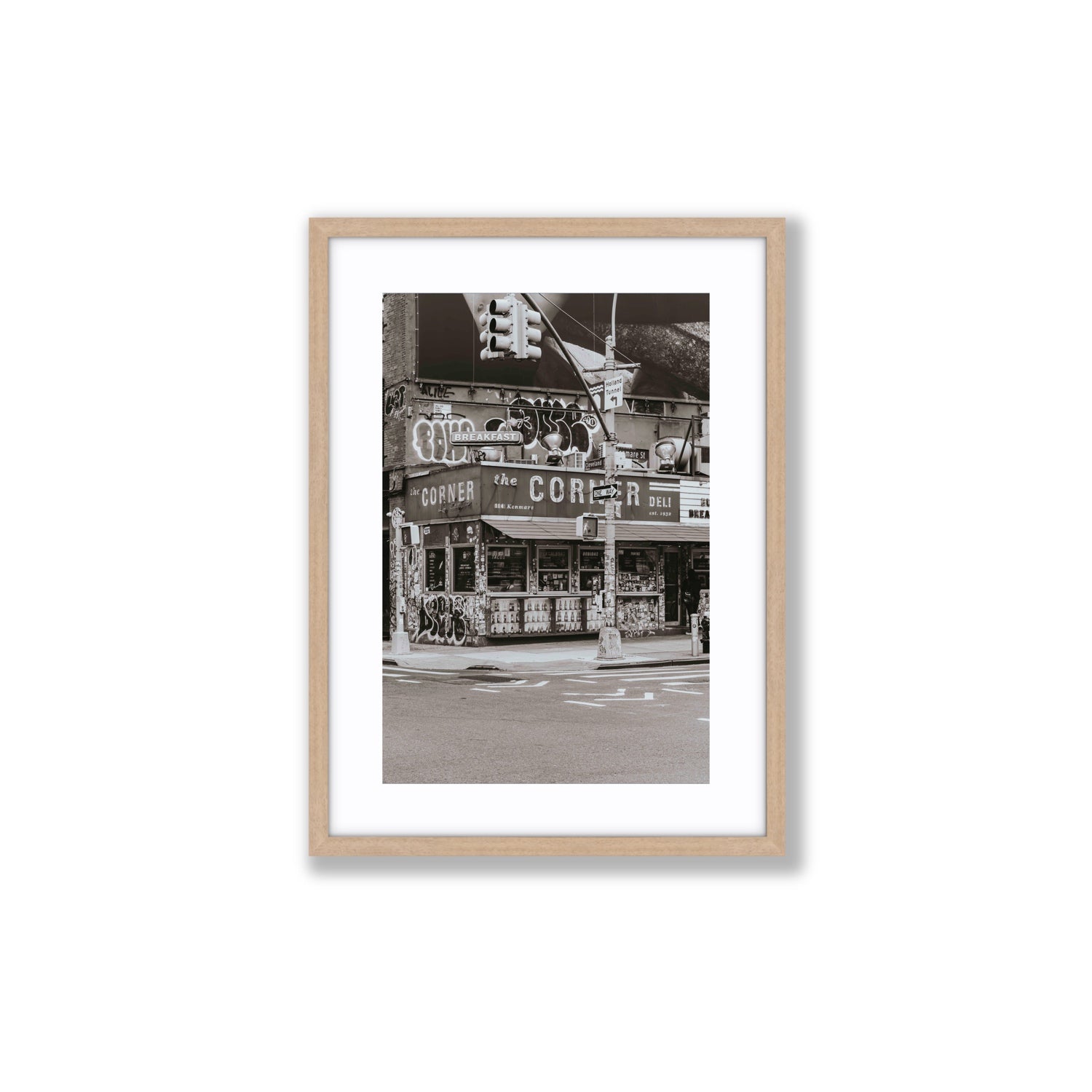 Soho Deli New York NYC Black & White wall art Medium fine art print in natural oak frame with matboard
