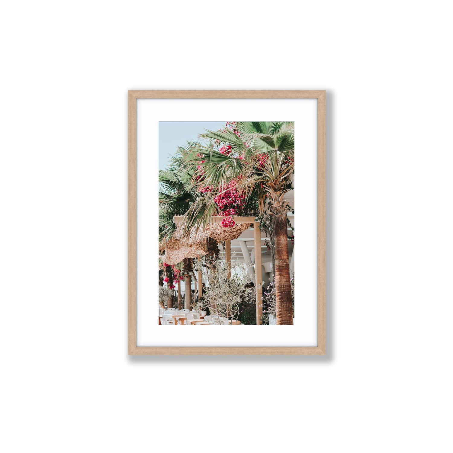 Palm Trees Mykonos Greek island wall art Medium fine art print in natural oak frame with matboard