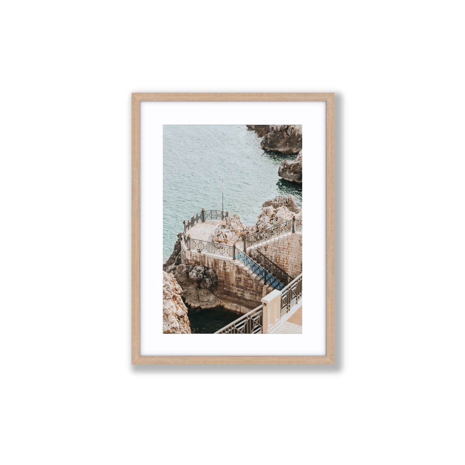 Tidal Staircase Puglia coastal Italian wall art Medium fine art print in natural oak frame with matboard