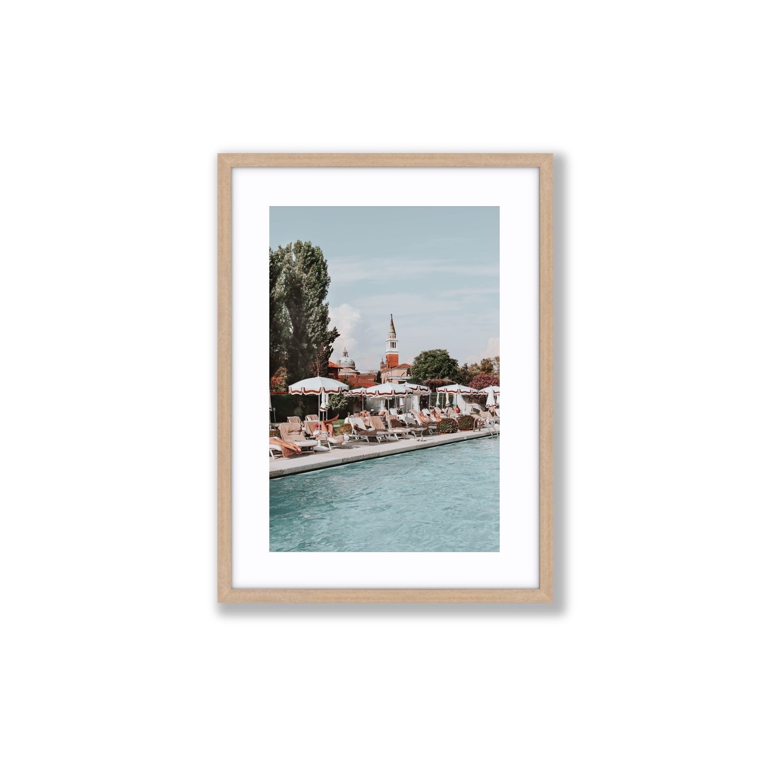 Poolside Perch Venice Italian wall art Medium fine art print in natural oak frame with matboard
