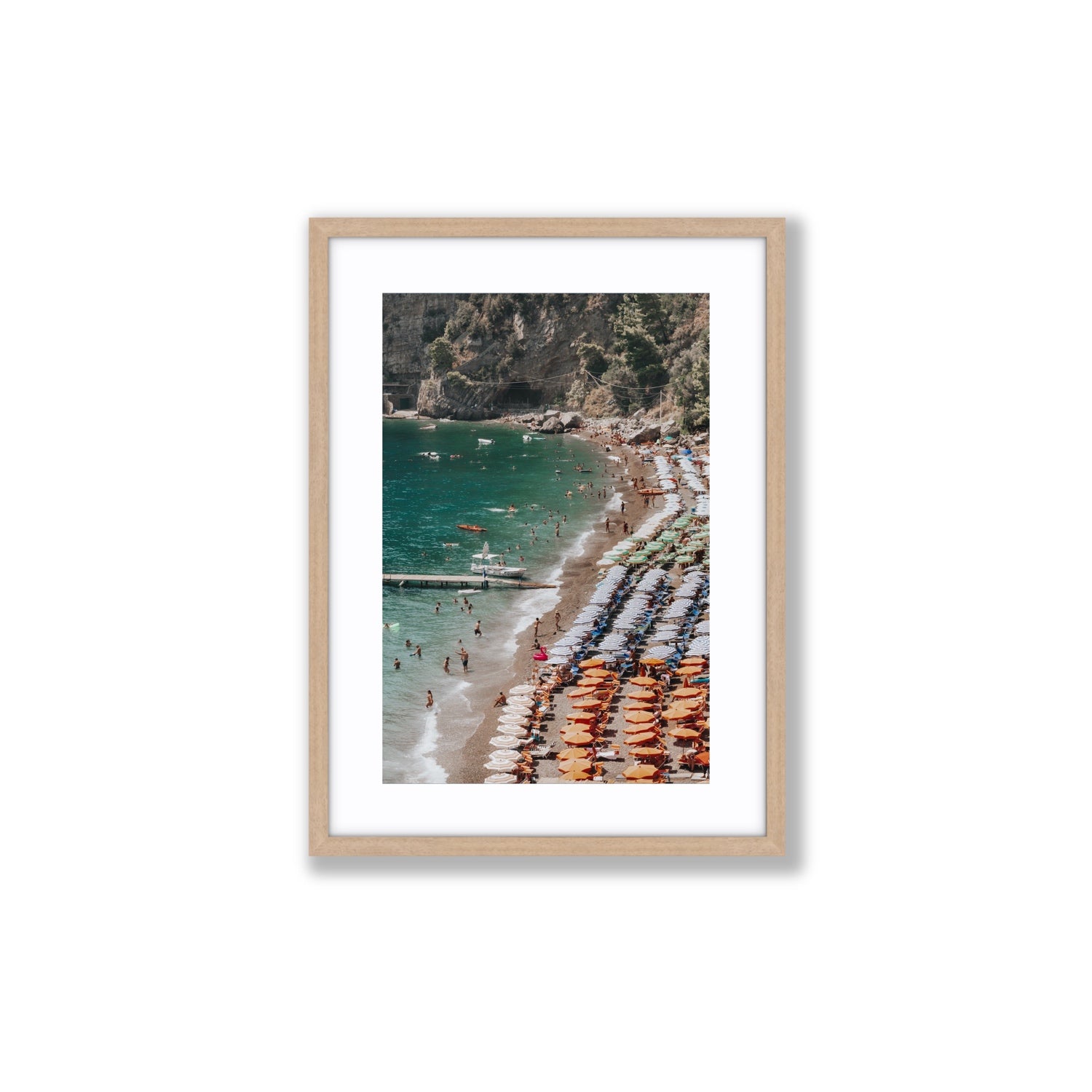 Ocean's Playground Positano decor wall art Medium fine art print in natural oak frame with matboard