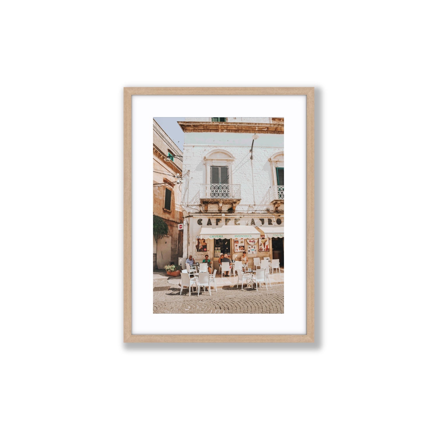 Cafe Ostuni Puglia Café Ostuni Italian wall art Medium fine art print in natural oak frame with matboard