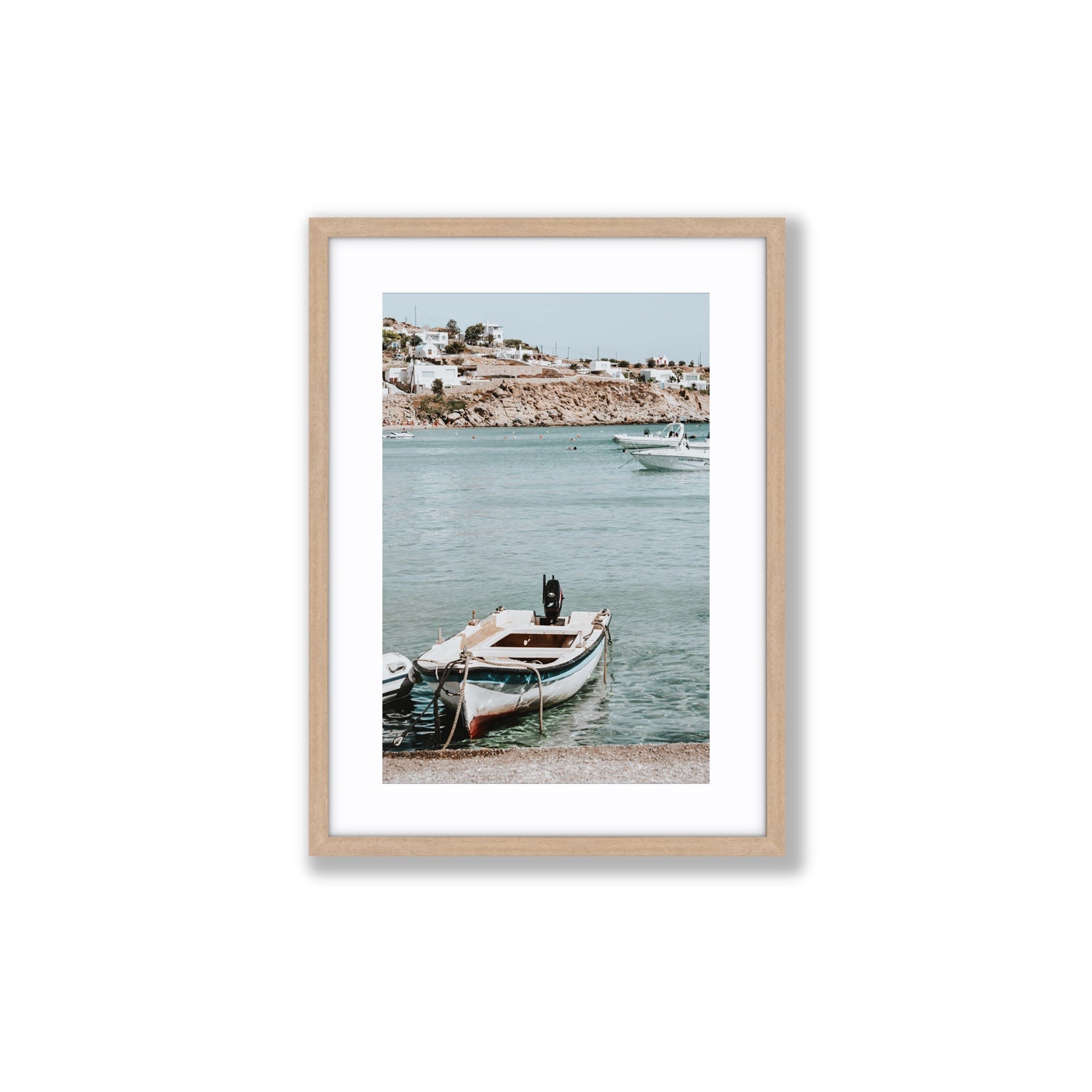 Classic Wheels Mykonos Greek island wall art Medium fine art print in natural oak frame with matboard