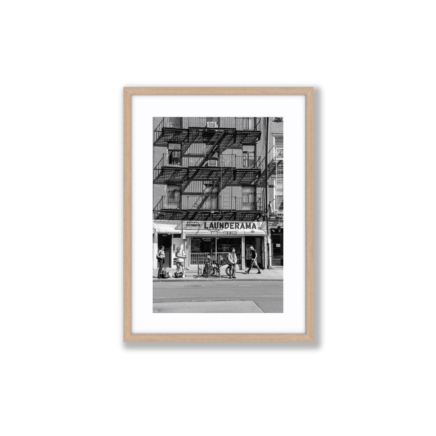 Bus Stop New York NYC Black & White wall art Medium fine art print in natural oak frame with matboard