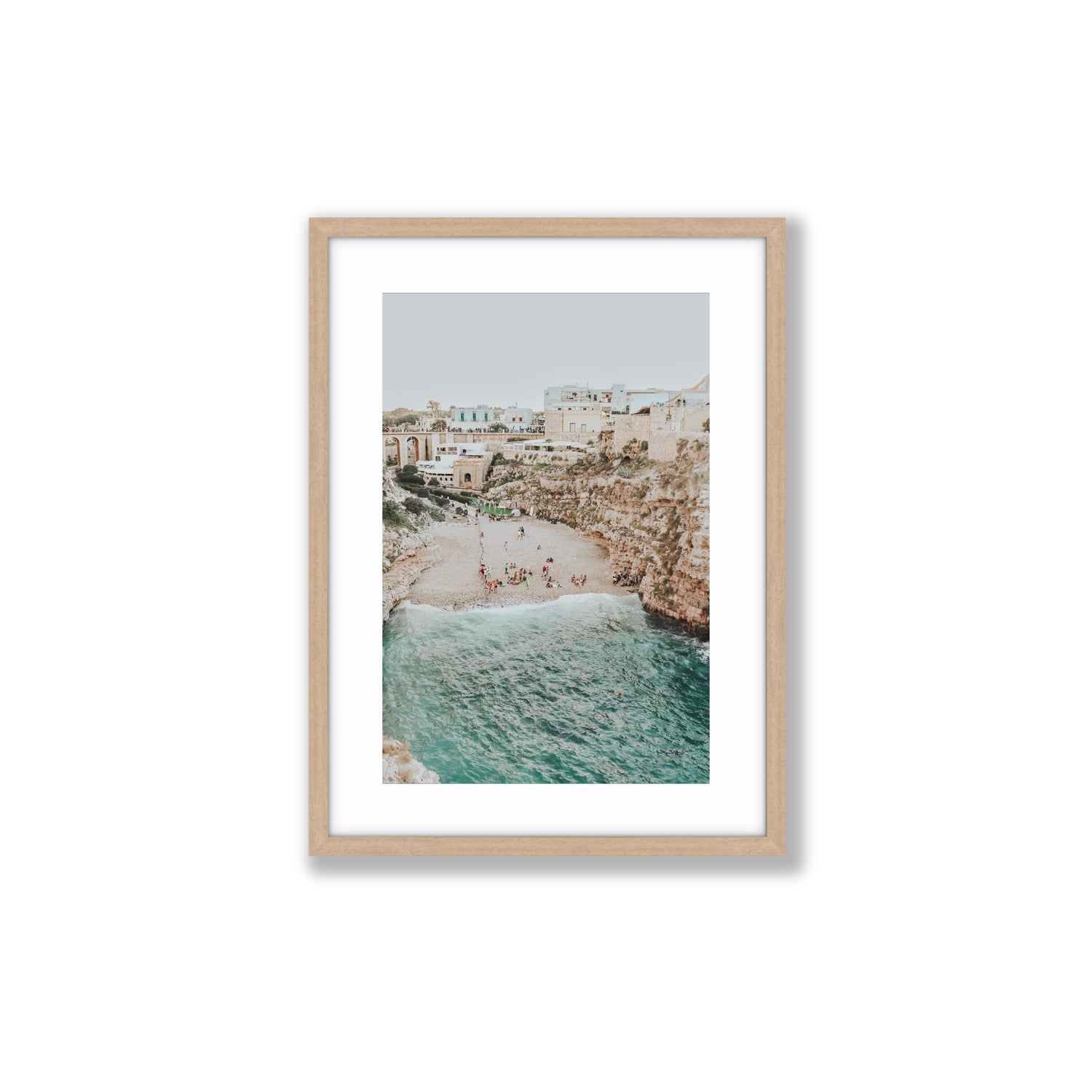 Polignano Vista Puglia coastal Italian beach fine art print Medium fine art print in natural oak frame with matboard