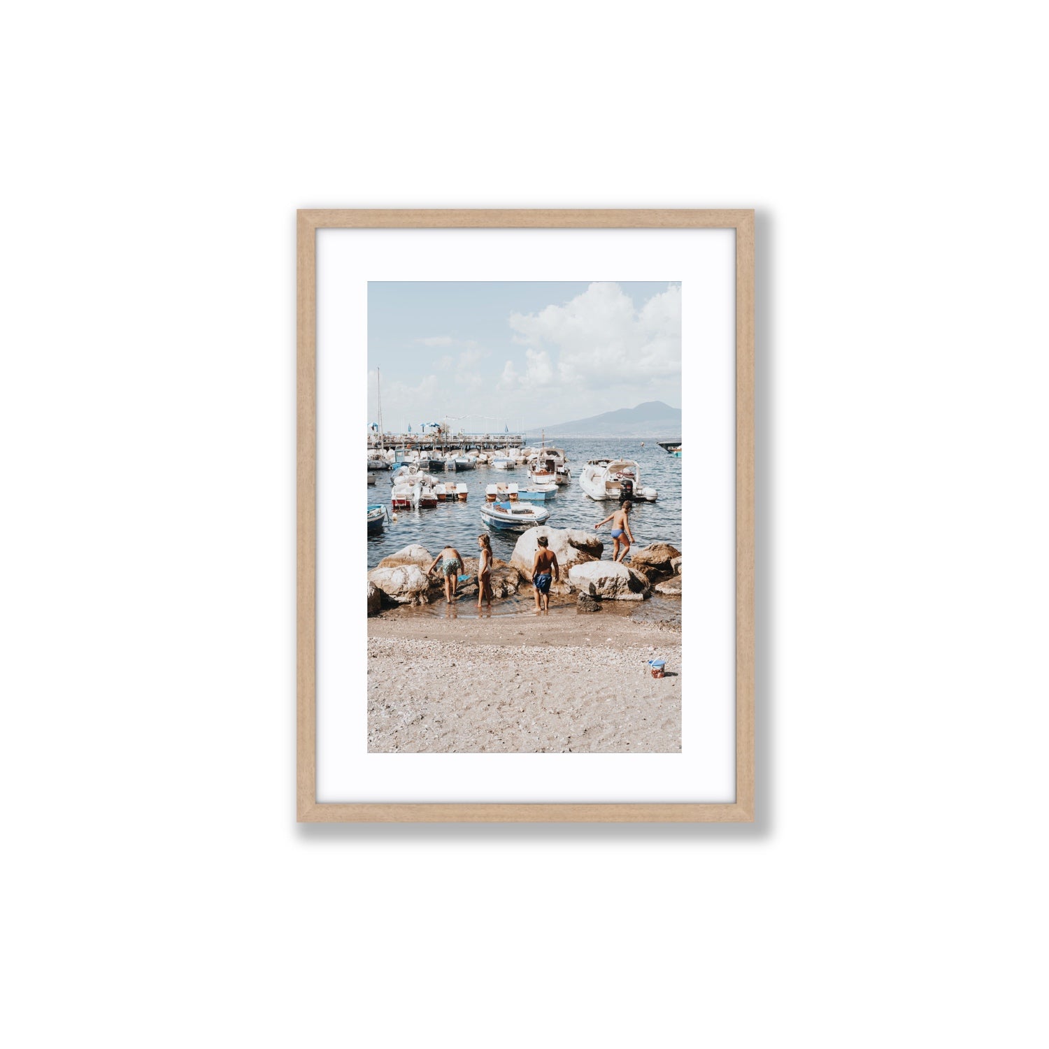 Searching For Treasures Sorrento coastal wall art Medium fine art print in natural oak frame with matboard