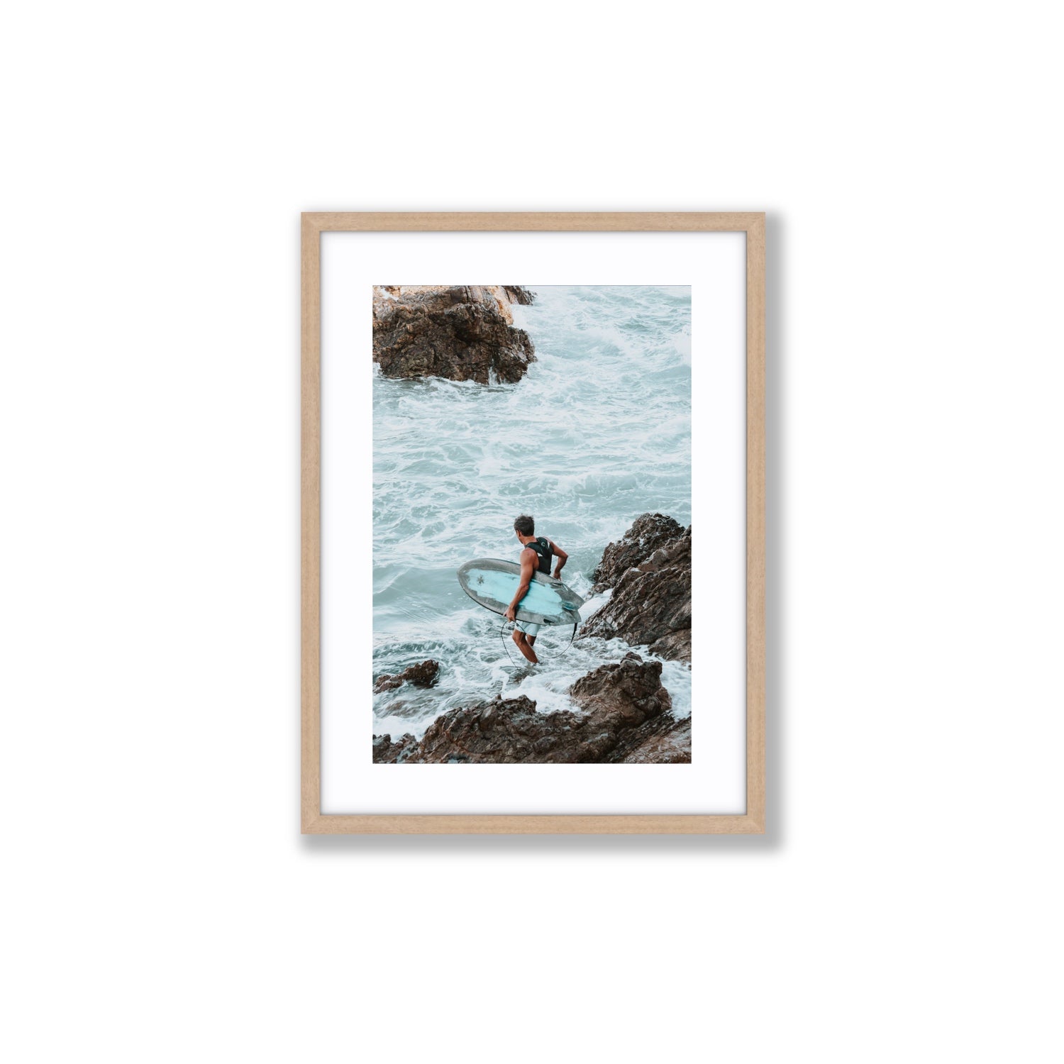 Into The Soup Byron Bay Surf coastal wall art Medium fine art print in natural oak frame with matboard