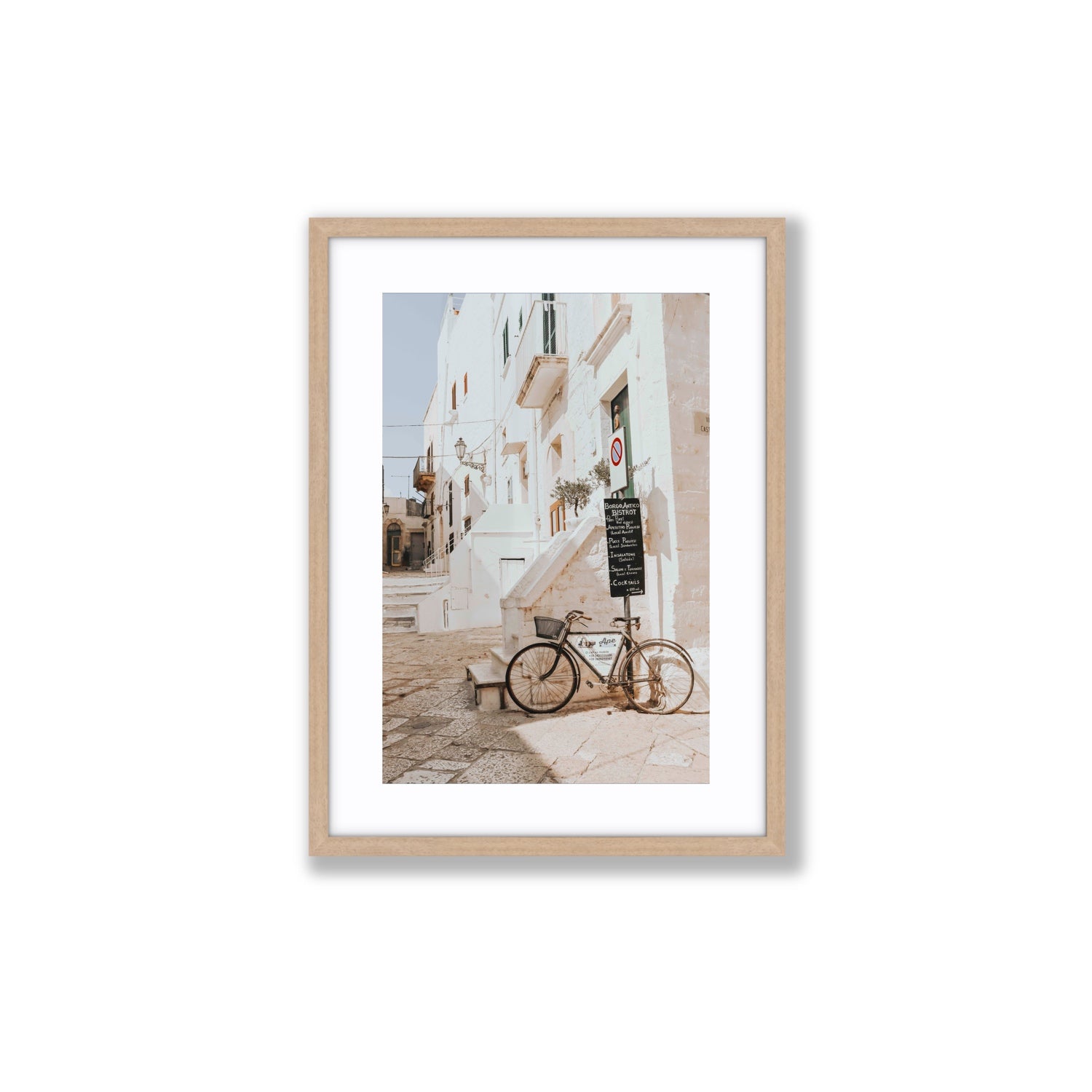 La Bicicletta Puglia Ostuni wall art Medium fine art print in natural oak frame with matboard