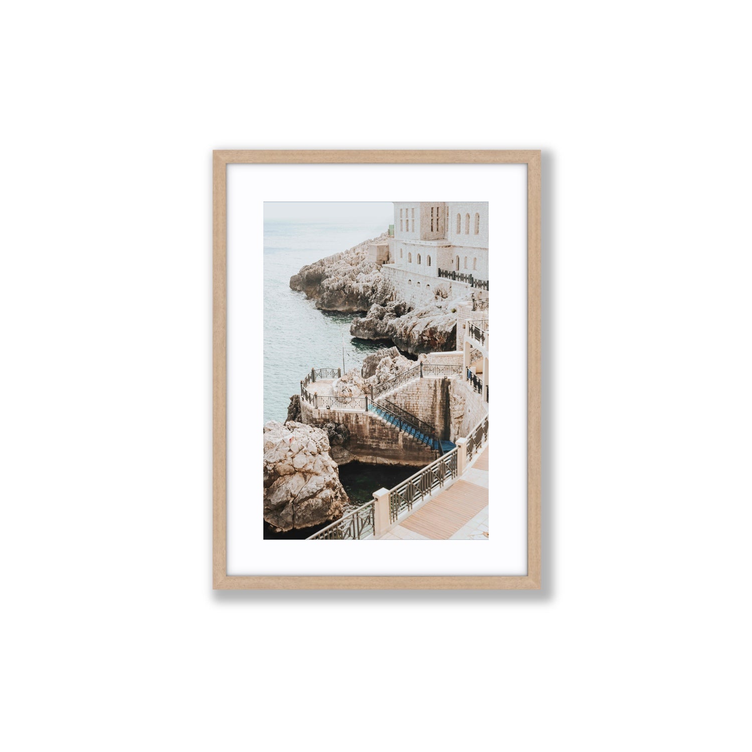 Wellness Centre Puglia coastal wall art Medium fine art print in natural oak frame with matboard