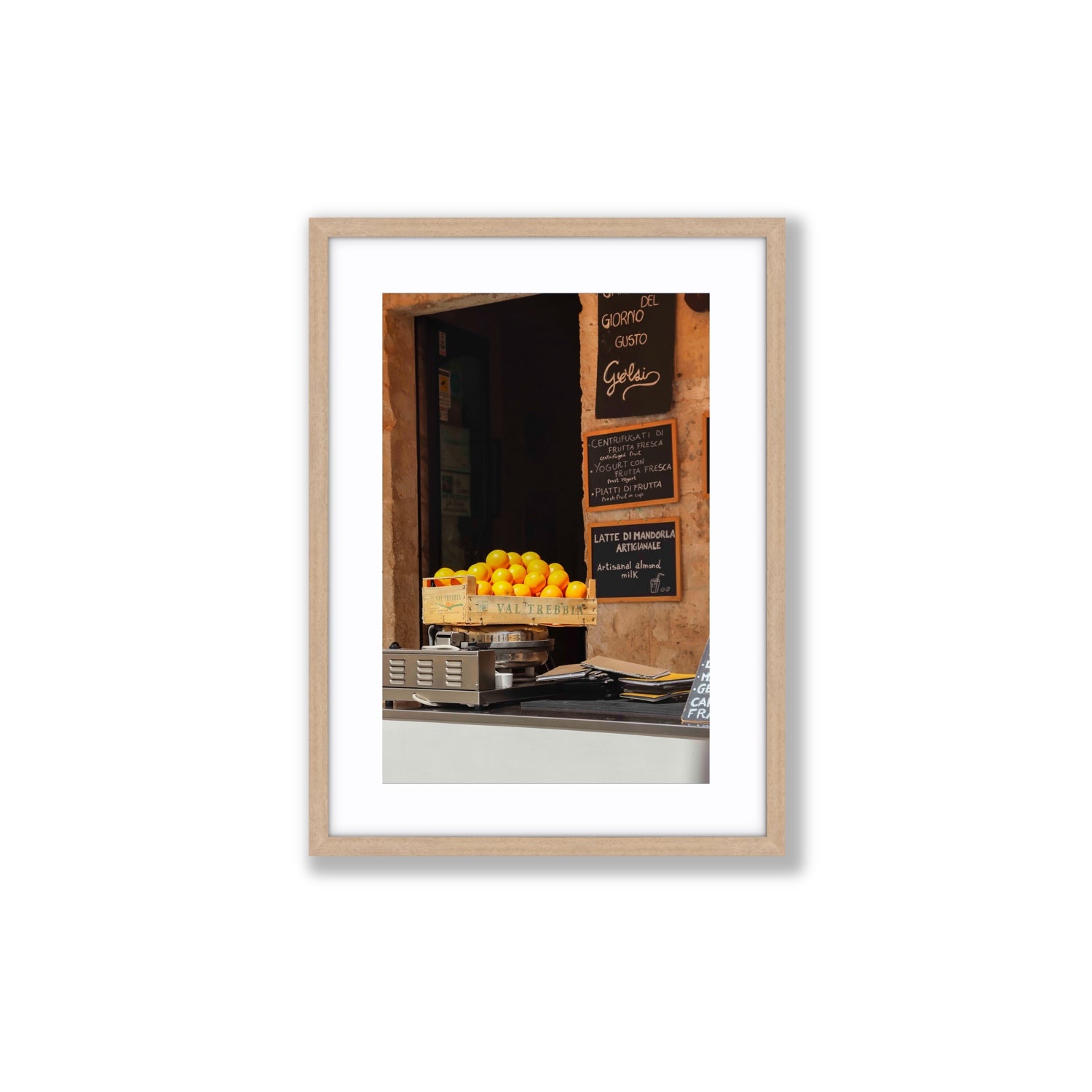 Luminous Citrus Puglia Ostuni Italian wall art Medium fine art print in natural oak frame with matboard