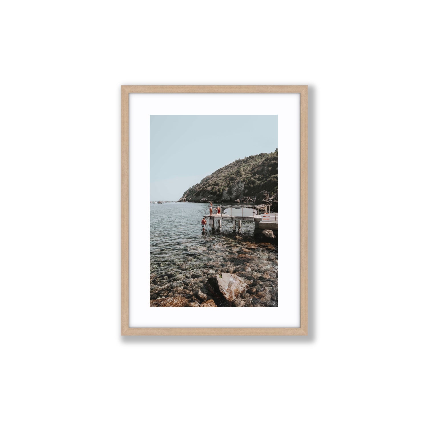 Tidal Explorers Tuscany coastal Italian wall art Medium fine art print in natural oak frame with matboard