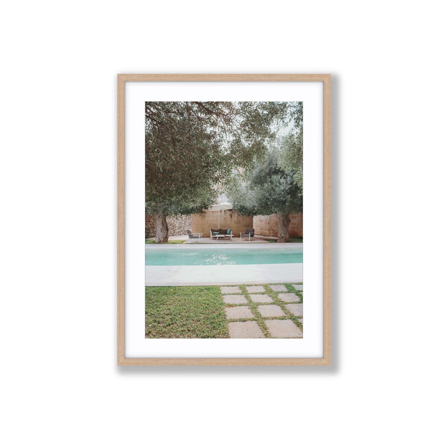 Idyllic Escape Puglia Mediterranean wall art Large fine art print in natural oak frame with matboard