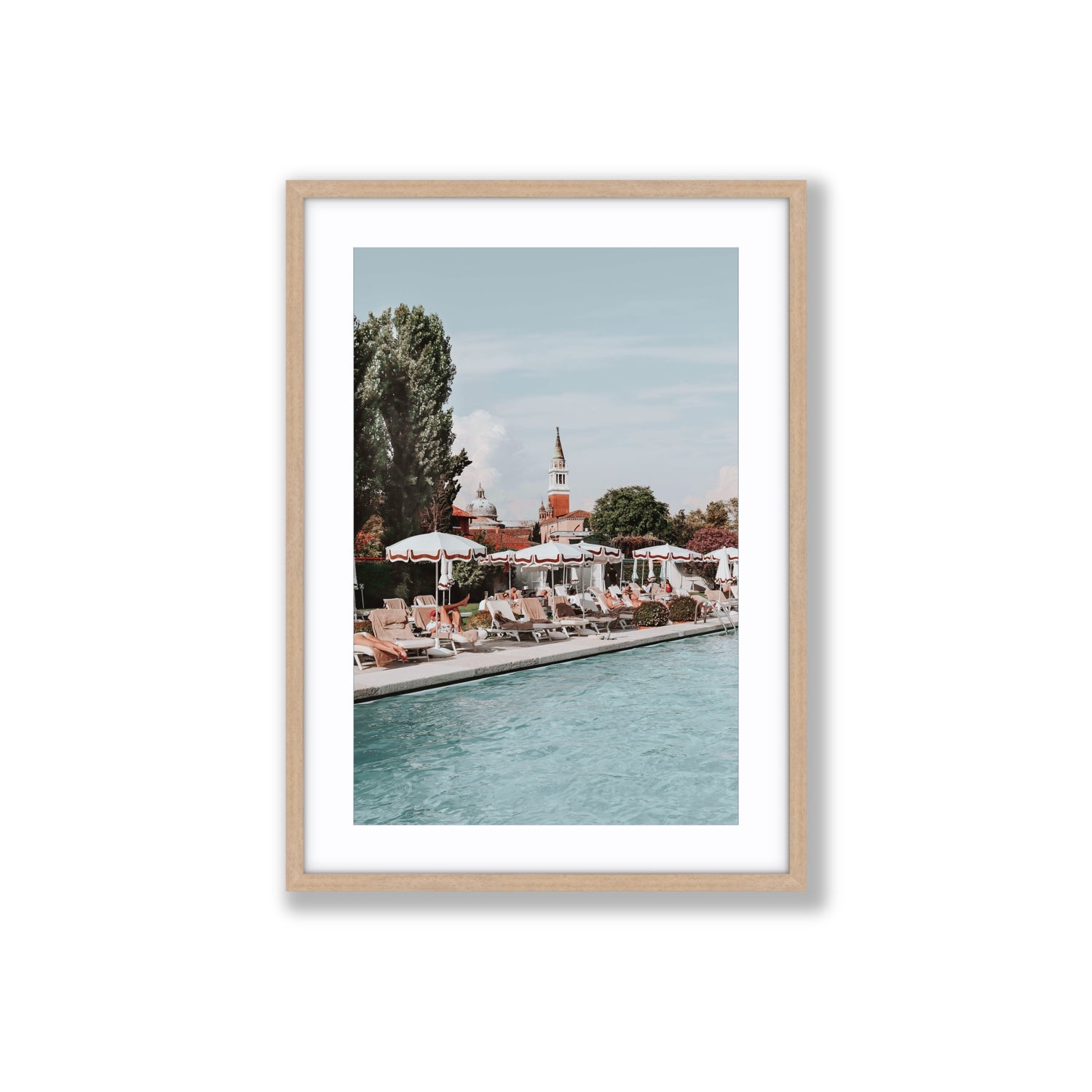 Poolside Perch Venice Italian wall art Large fine art print in natural oak frame with matboard