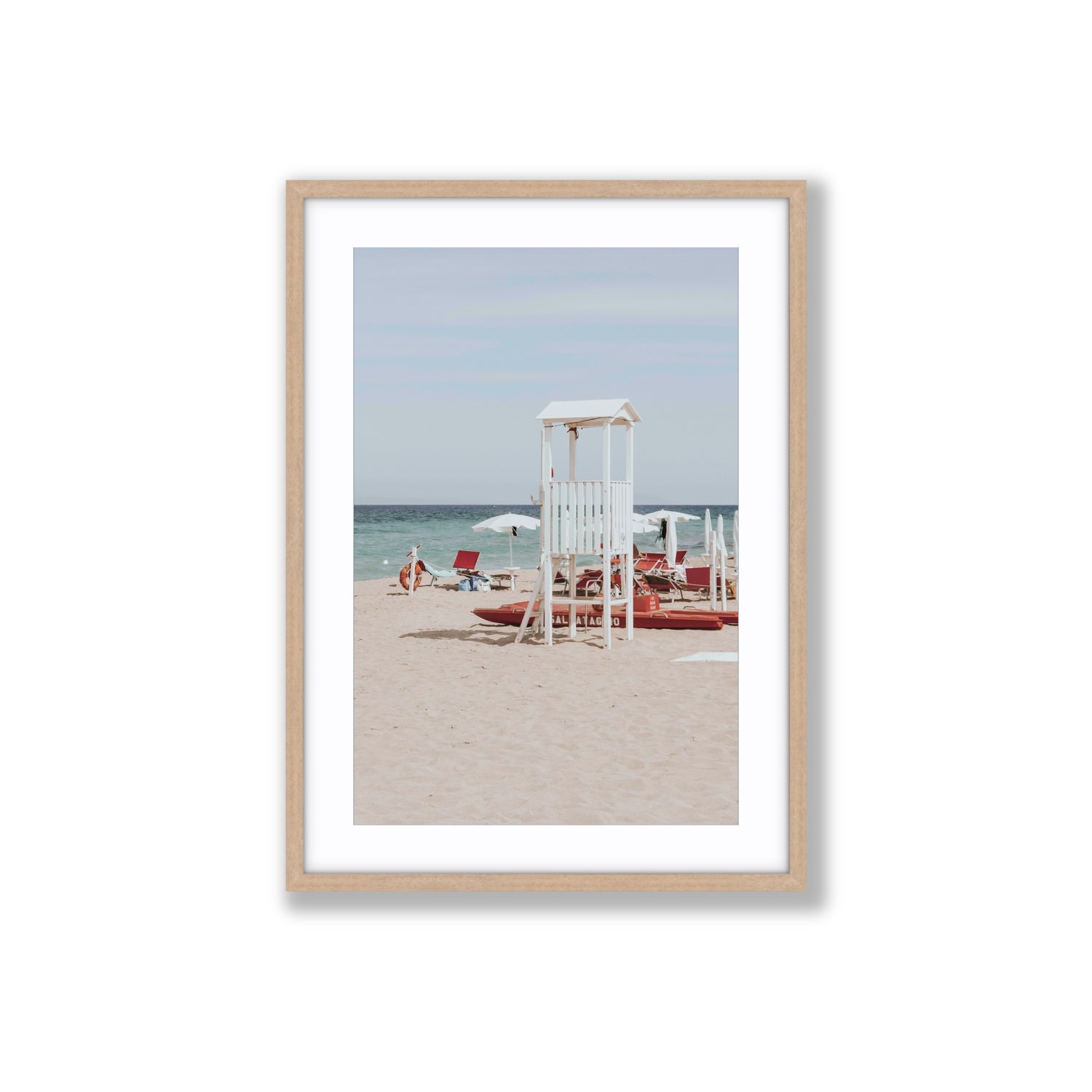 Barefoot Bliss Puglia beach Italian coastal decor wall art Large fine art print in natural oak frame with matboard
