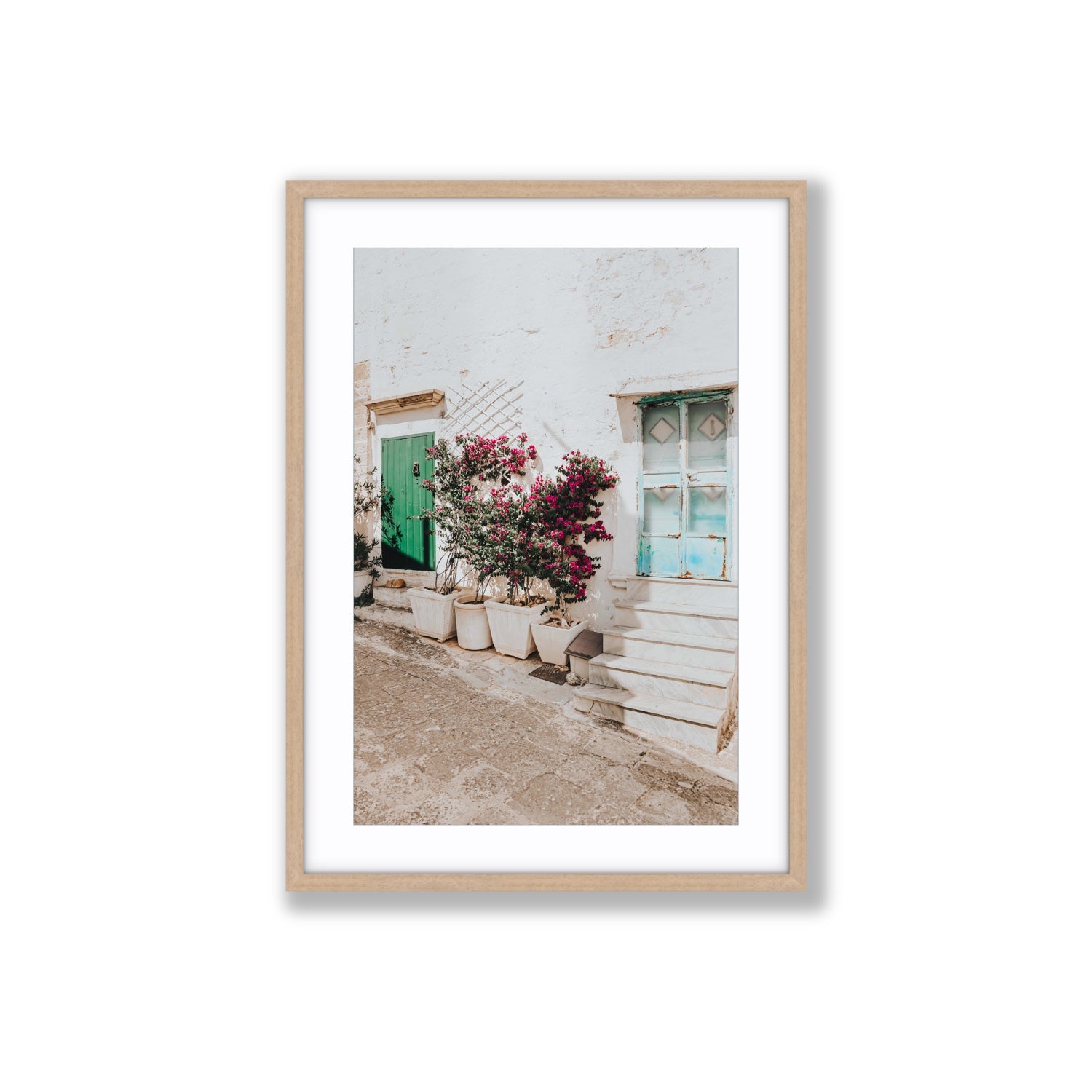 Floral Canvas Puglia Ostuni wall art Large fine art canvas in natural oak frame