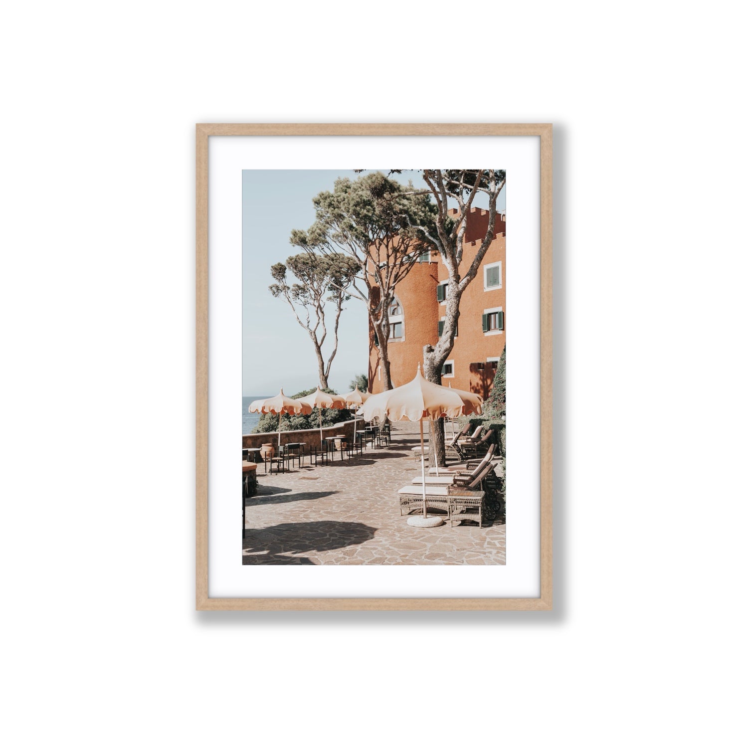 Mezzatorre Ischia Italian Mediterranean decor wall art Large fine art print in natural oak frame with matboard