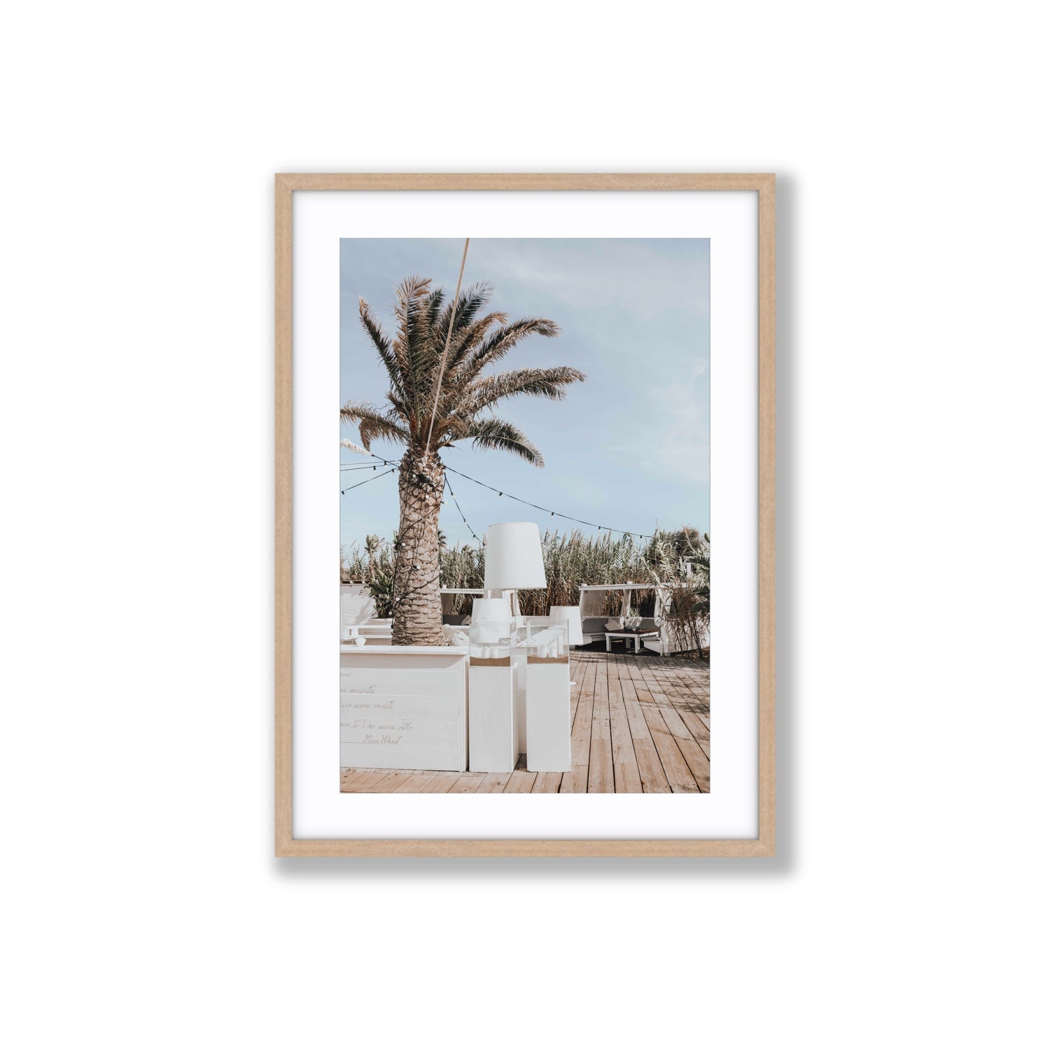 Seabreeze Palm Puglia coastal beach wall art Large fine art print in natural oak frame with matboard