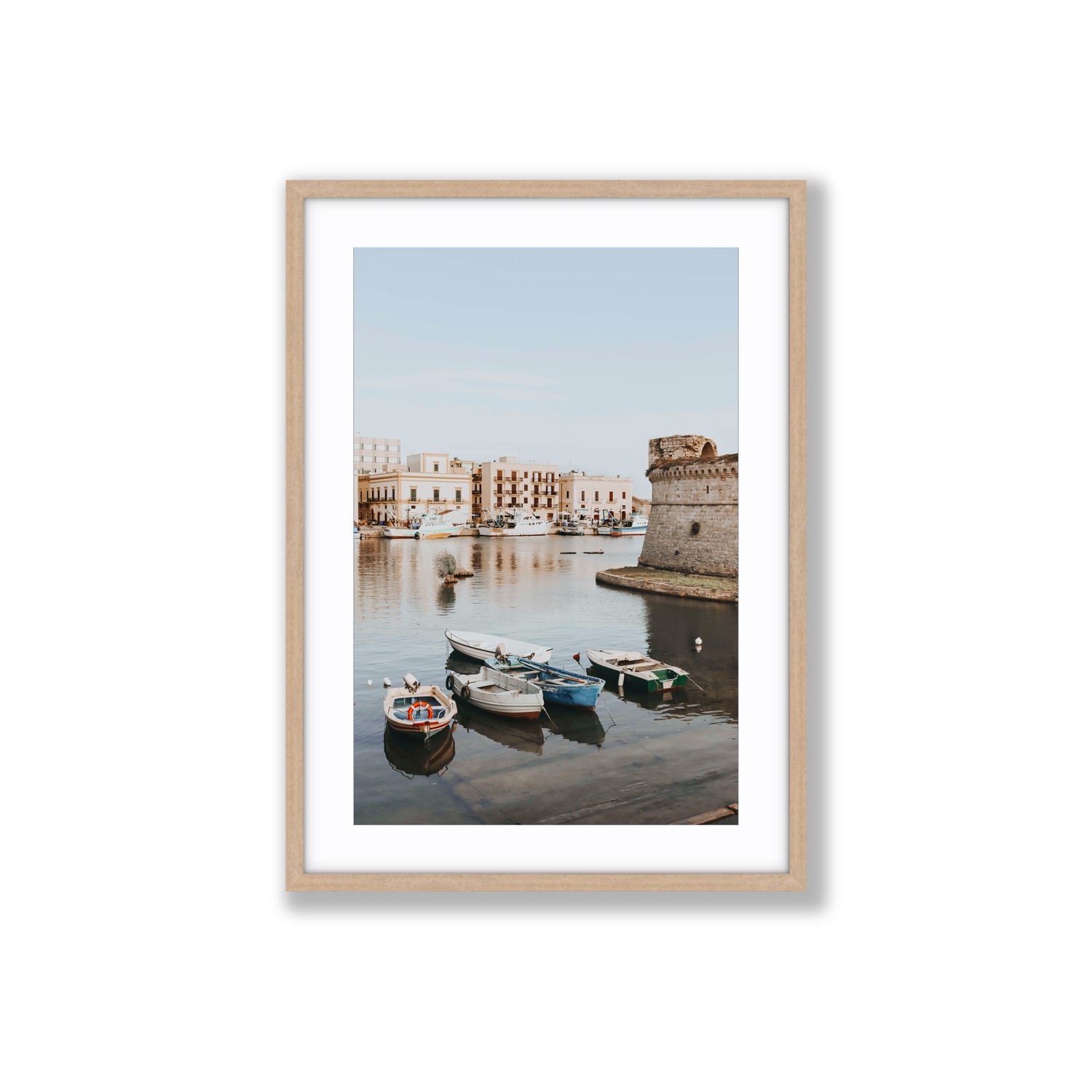 Gallipoli Harbour Puglia coastal wall art Large fine art print in natural oak frame with matboard