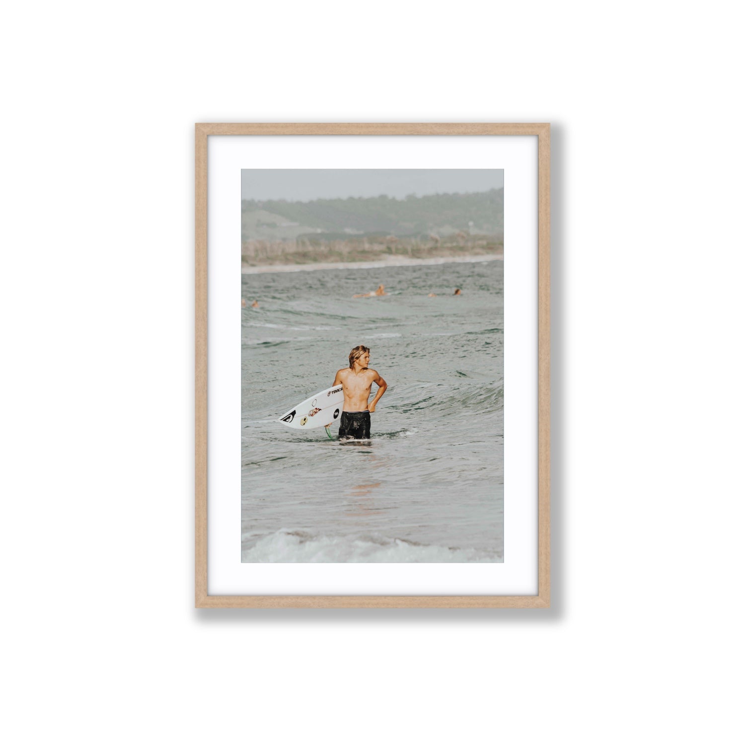 Chasing Mavericks Byron Bay Surf coastal wall art Large fine art print in natural oak frame with matboard