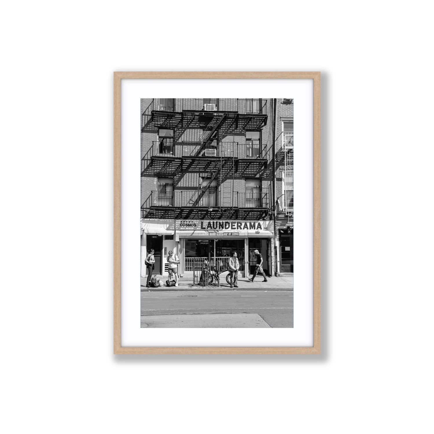 Bus Stop New York NYC Black & White wall art Large fine art print in natural oak frame with matboard
