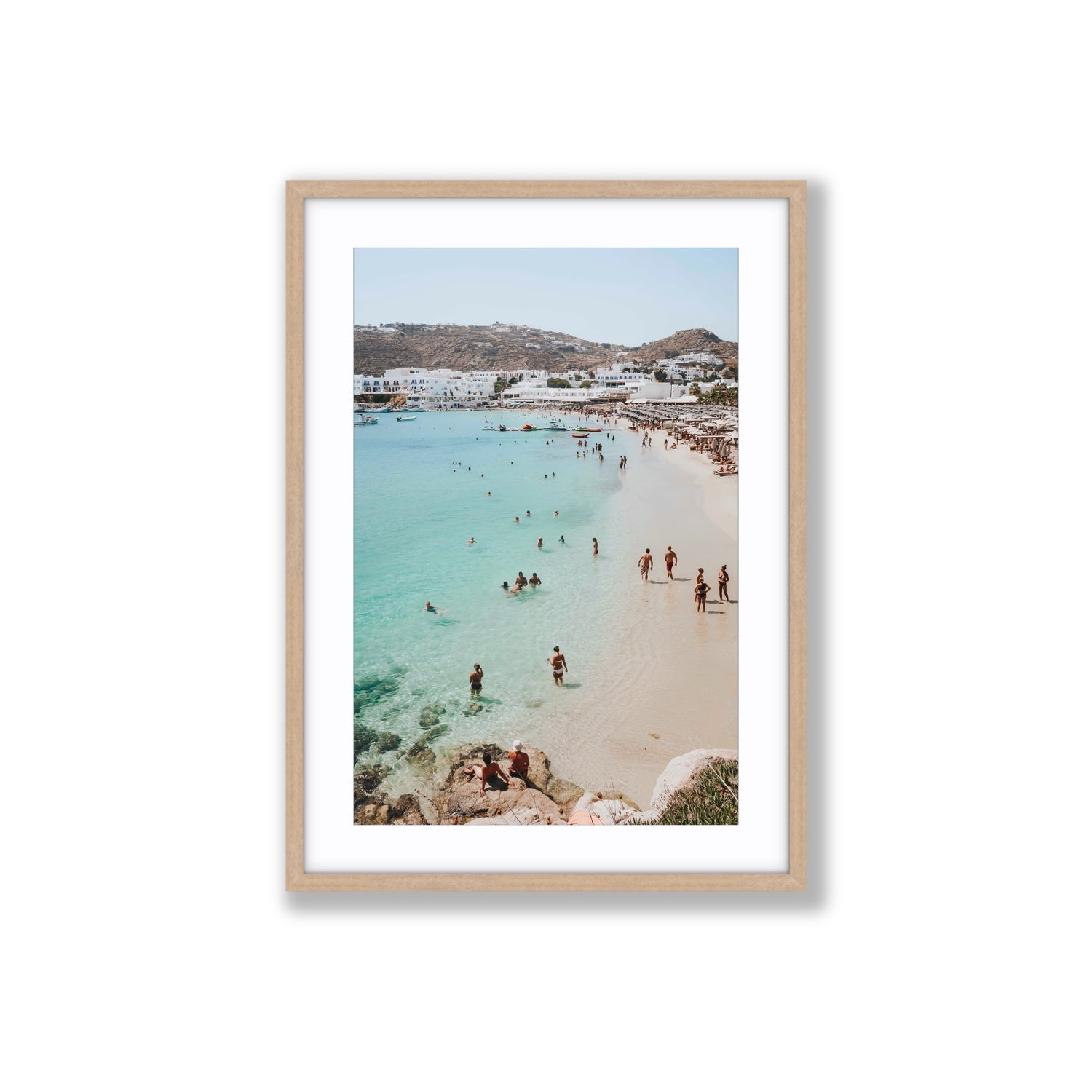 Breathe In The Salty Air Mykonos Greek island wall art Large fine art print in natural oak frame with matboard