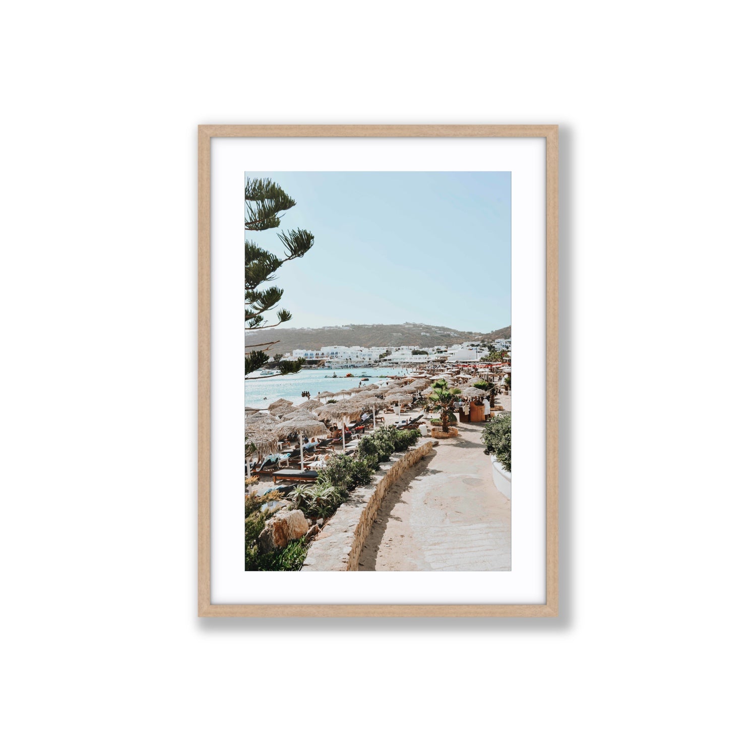 All Roads Lead To The Beach Mykonos Greek island wall art Large fine art print in natural oak frame with matboard