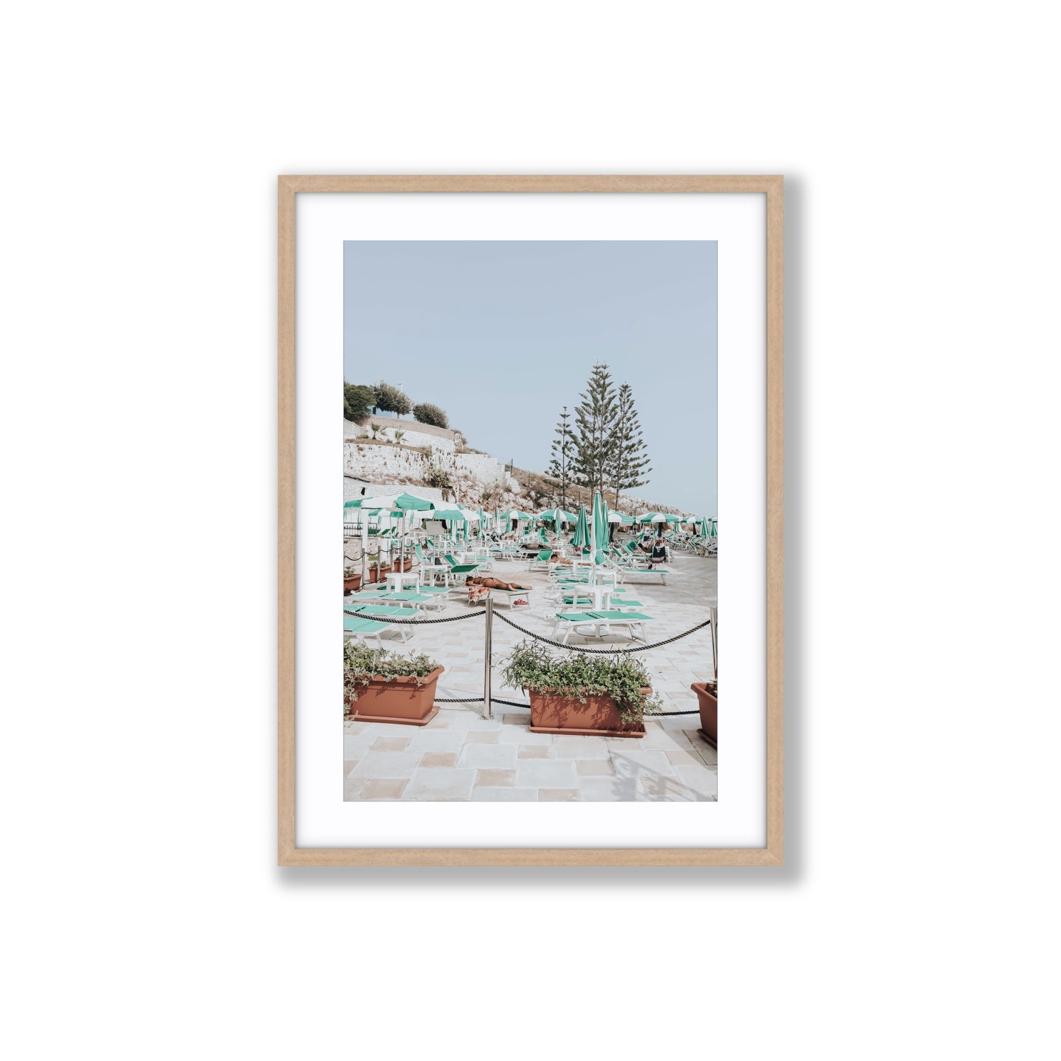 Siesta on The Terrace Puglia coastal wall art Large fine art print in natural oak frame with matboard