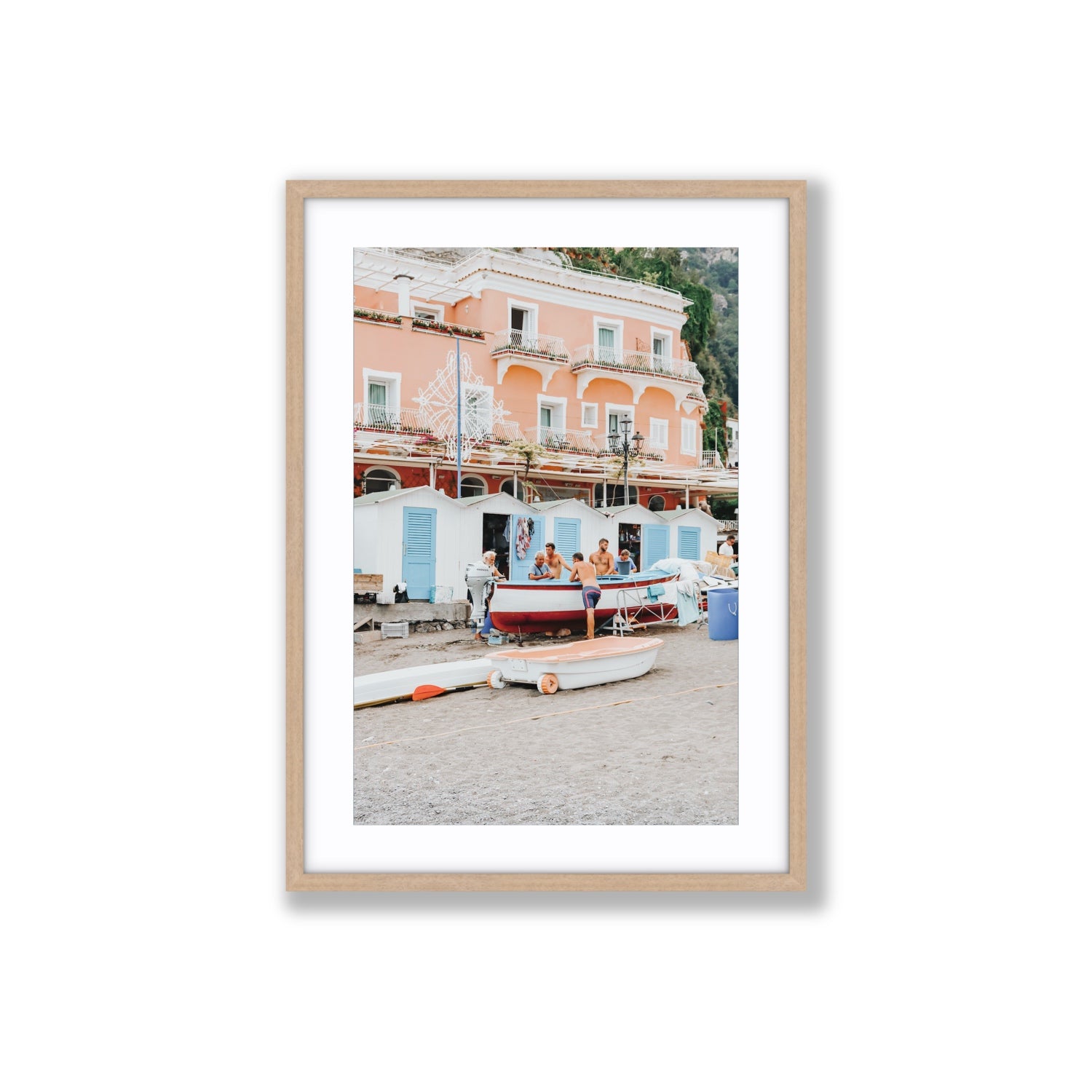 La Riunione della Mattina fine art print, Positano, Italy, Large, Natural Oak Frame · Matboard, Fine Art Print