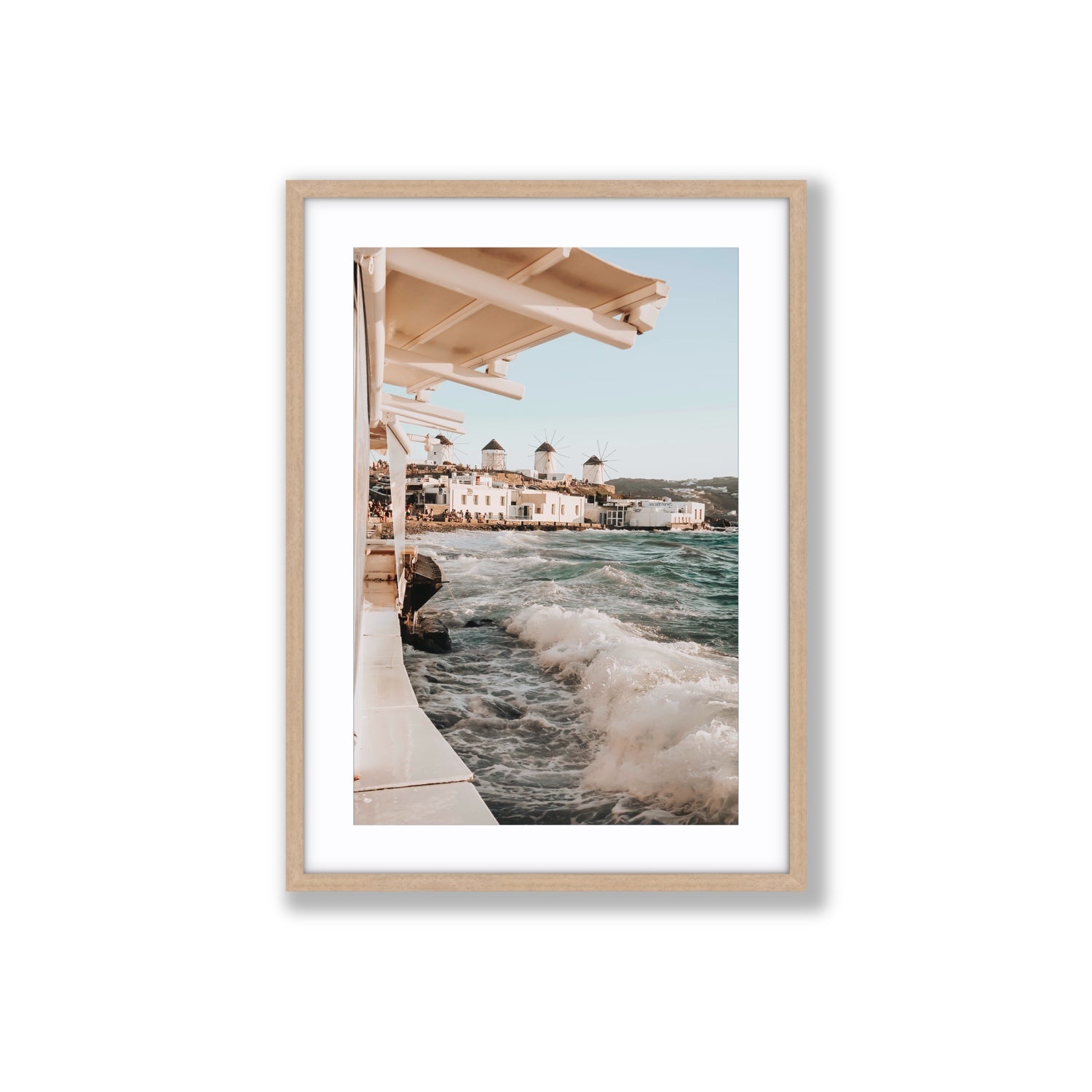 Windmills Mykonos Greek island wall art Large fine art print in natural oak frame with matboard