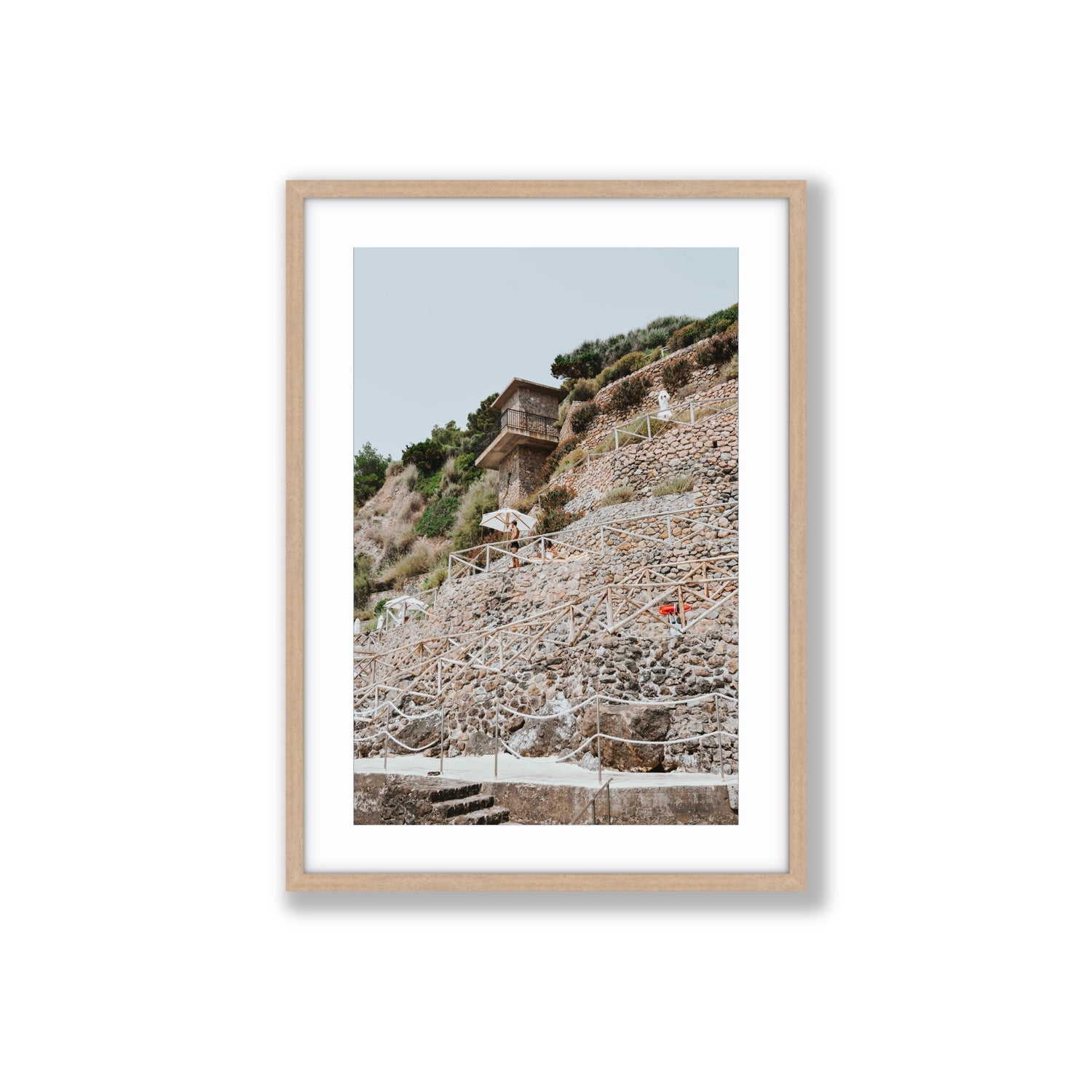 Solitude by the Sea Tuscany coastal Italian wall art Large fine art print in natural oak frame with matboard