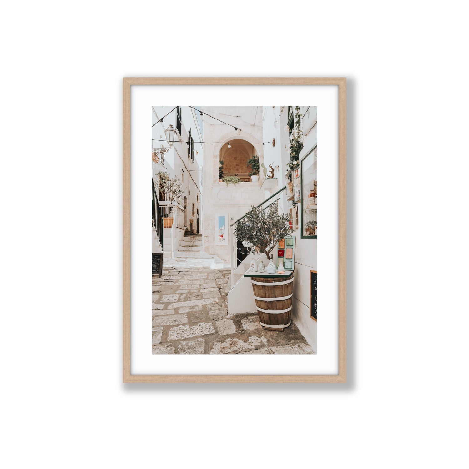 Olive Tree Lane Puglia Ostuni Mediterranean decor wall art Large fine art print in natural oak frame with matboard