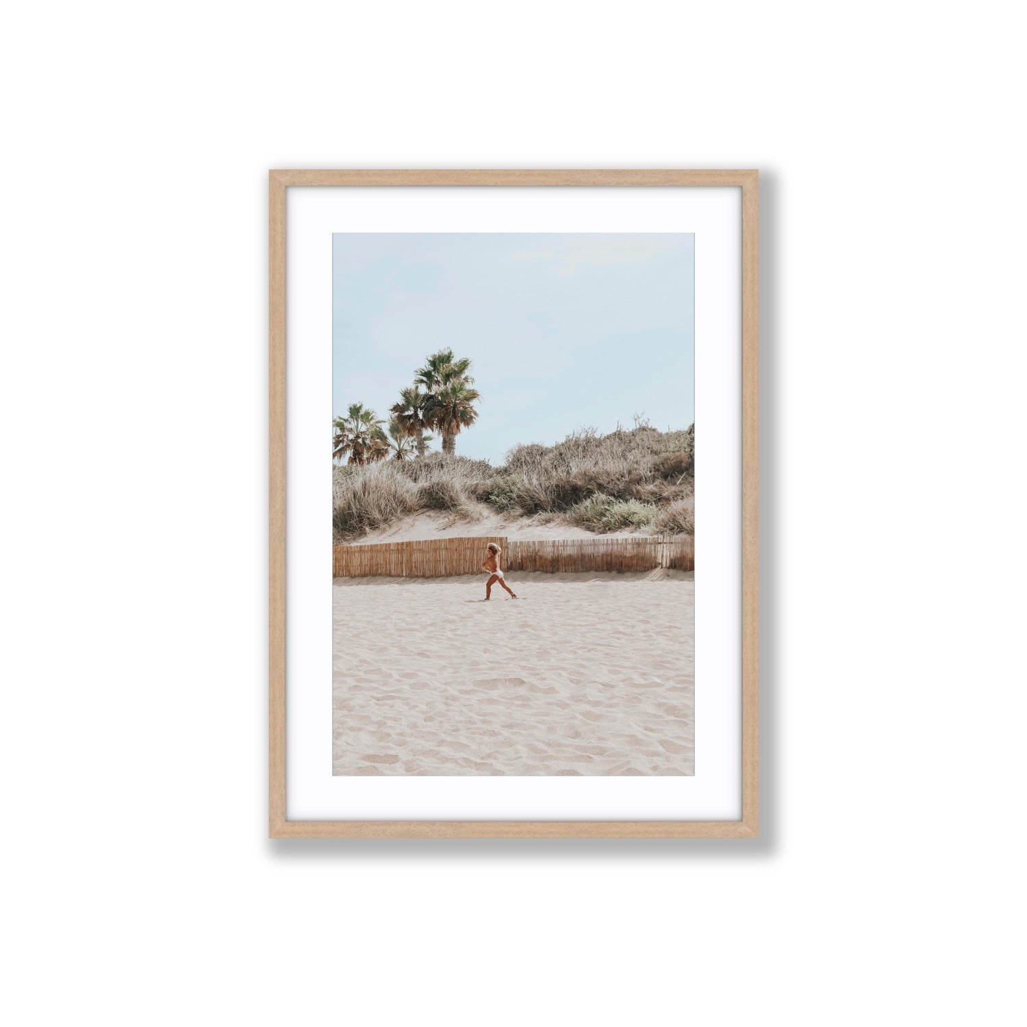 Joyful Sprint Puglia beach coastal fine art print Large fine art print in natural oak frame with matboard