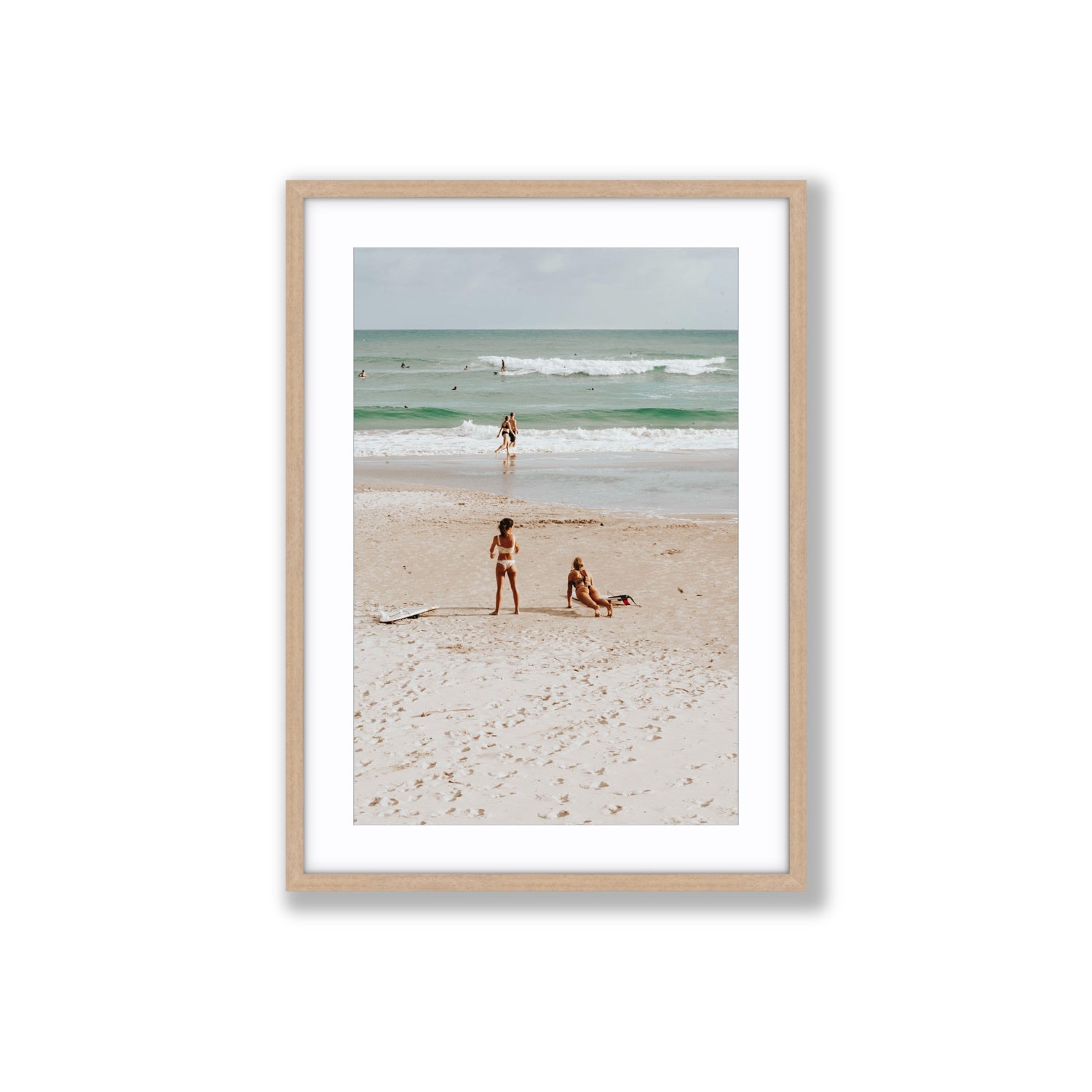 Gidget & Betty Byron Bay beach coastal wall art Large fine art print in natural oak frame with matboard