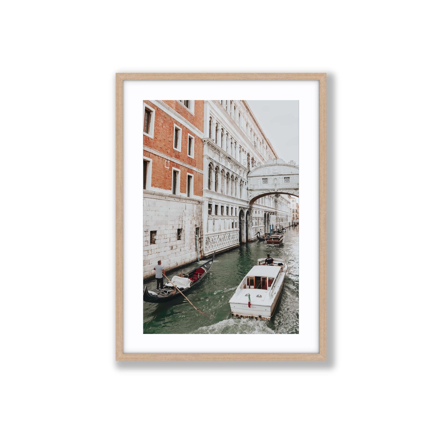 Under the Bridge Venice Gondola Italian wall art Large fine art print in natural oak frame with matboard