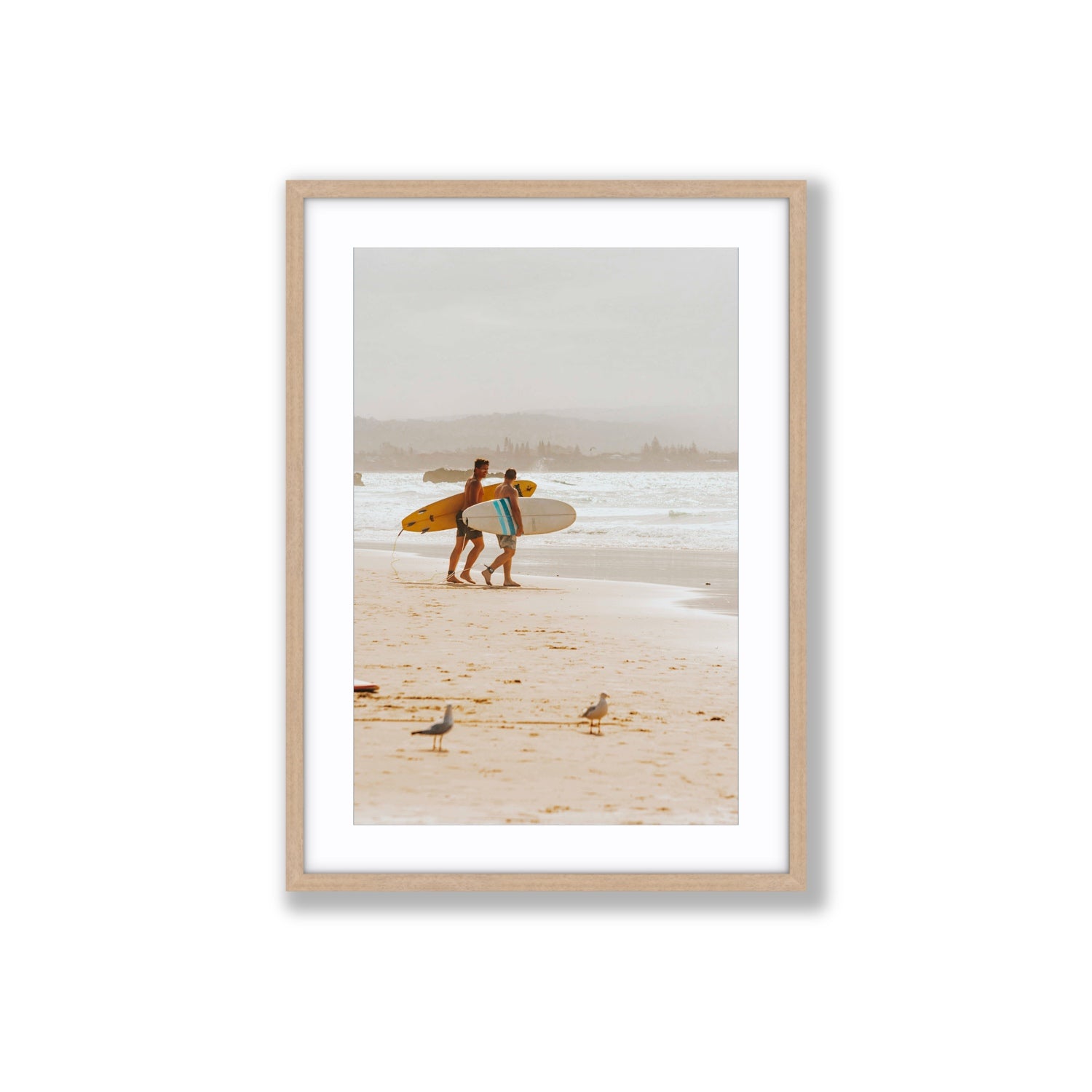 Shane & Benji Byron Bay Surf coastal wall art Large fine art print in natural oak frame with matboard