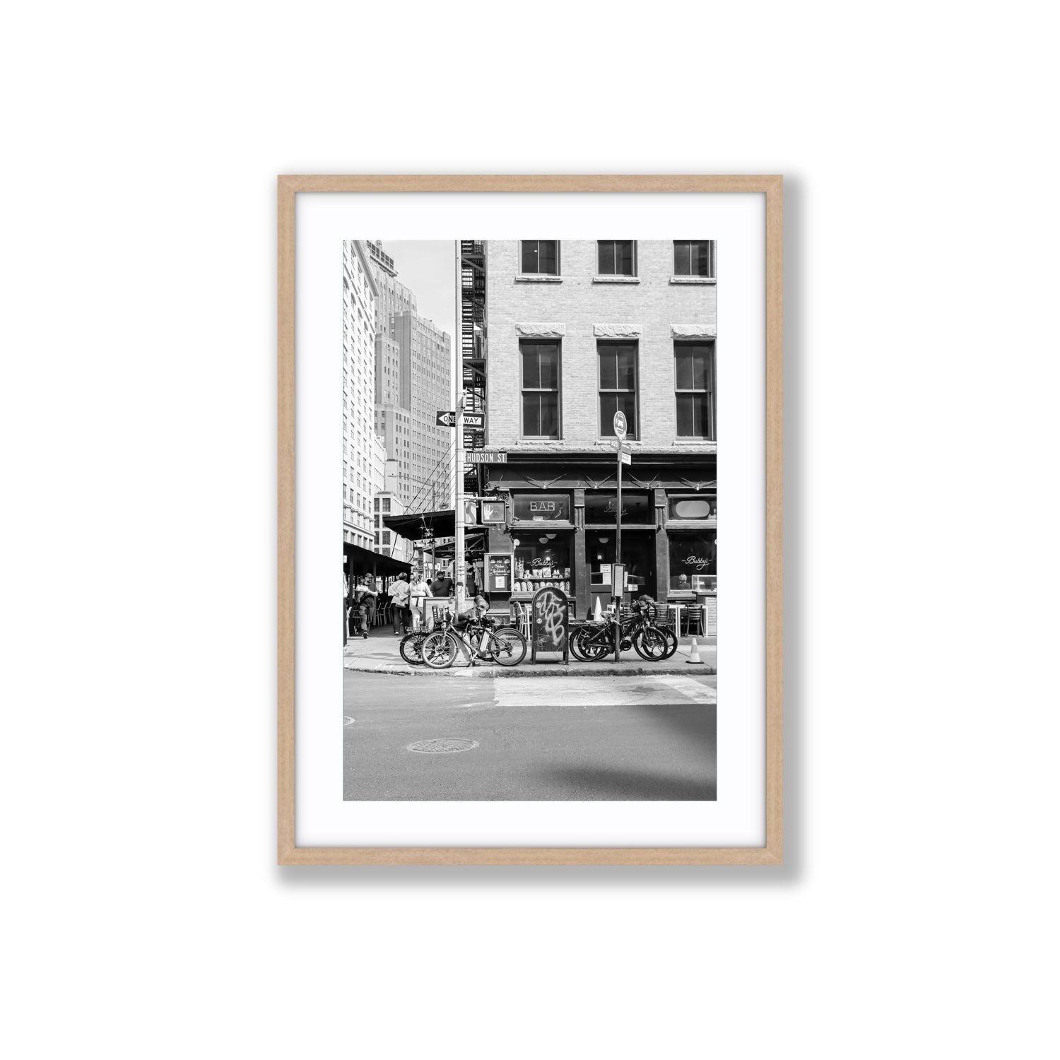 Bites Of The Big Apple New York NYC Black & White wall art Large fine art print in natural oak frame with matboard